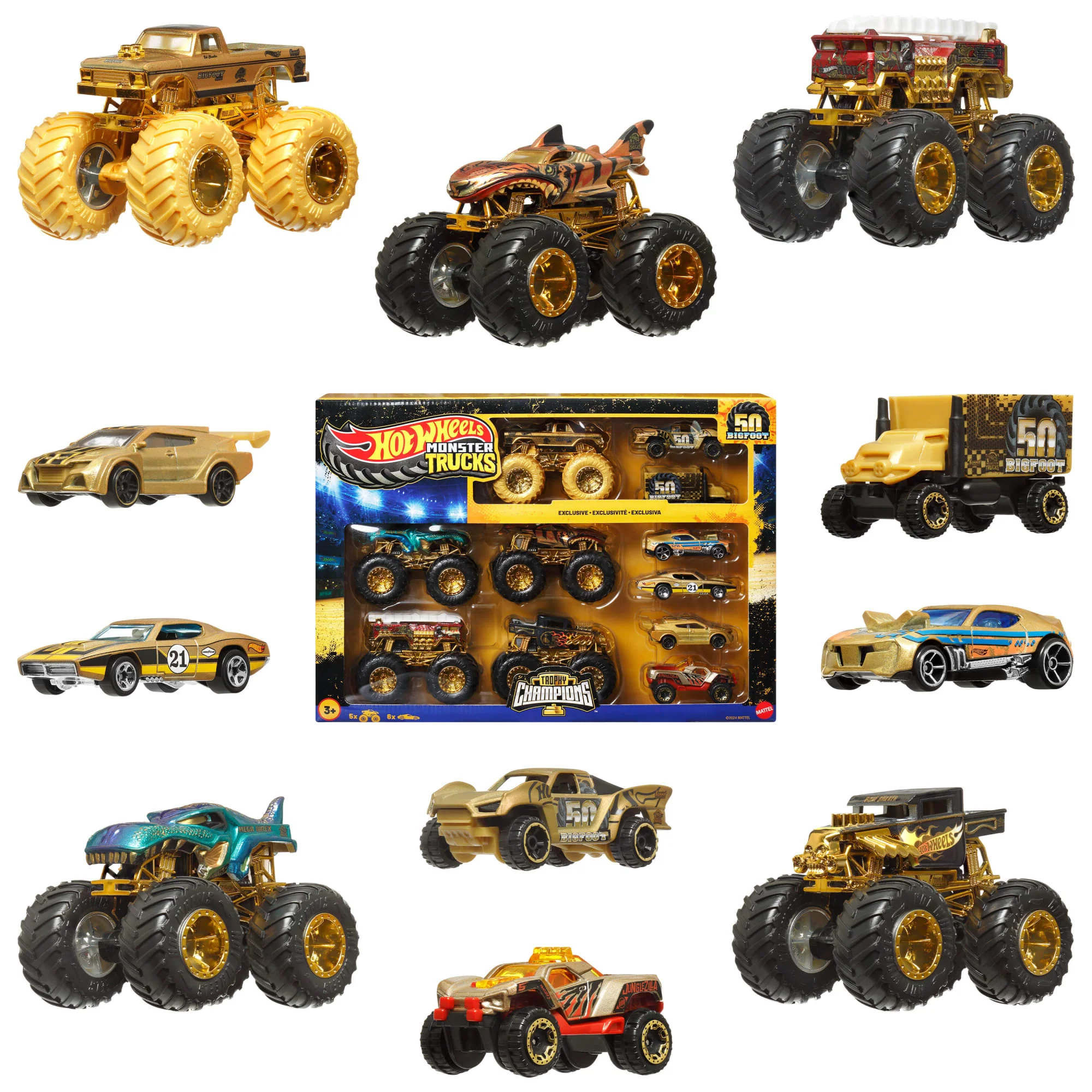 Hot Wheels Monster Trucks Bigfoot Trophy Şampiyonları Araba Ve Kamyon Çoklu Arabalar, 1:64 Ölçekli 5 Oyuncak Kamyon Ve 6 Metal Araba - Image 2