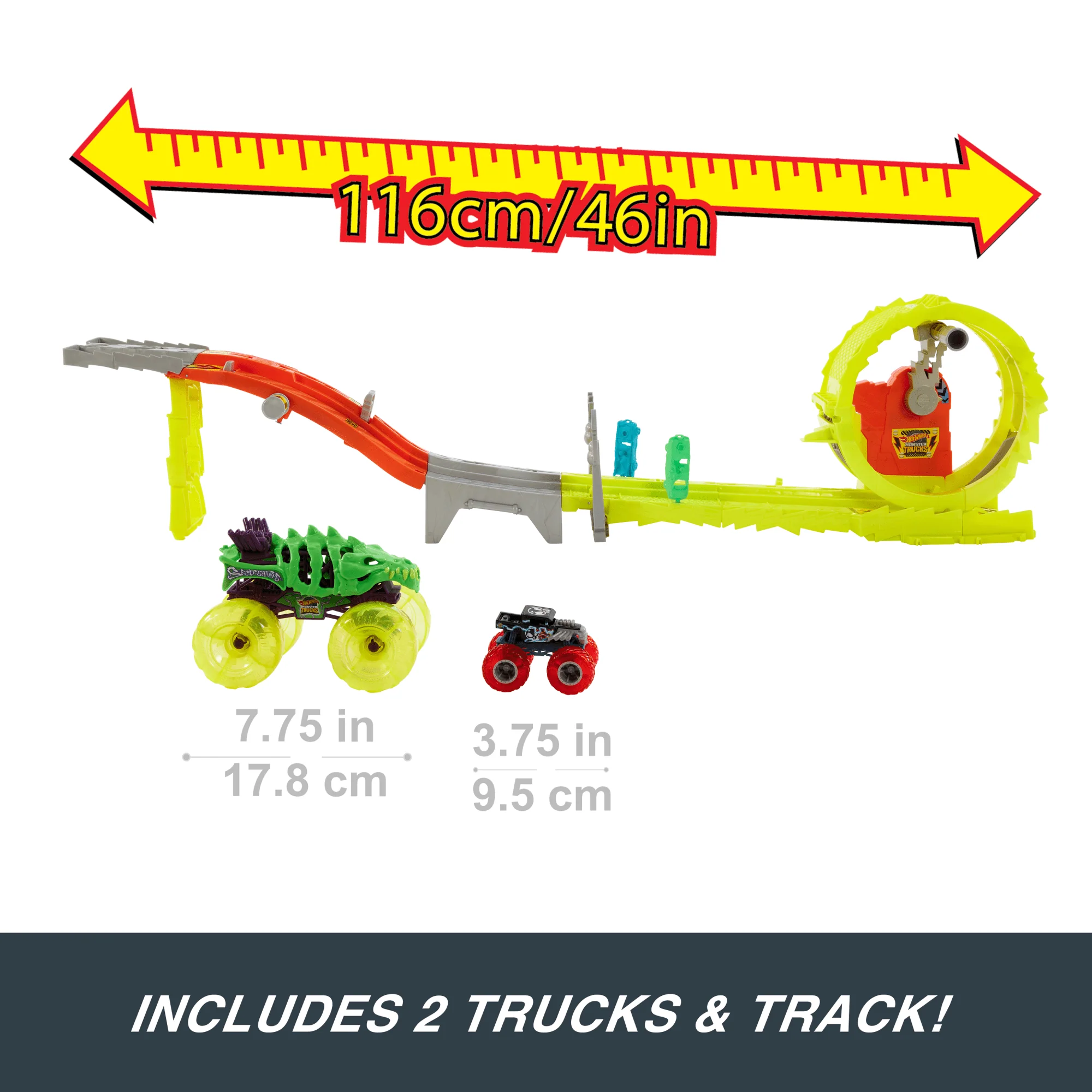 Hot Wheels Monster Trucks Power Smashers Charge & Chase Challenge Track Set With Oversized Skelesaurus, 1:64 Scale Bone Shaker & 2 Crushed Cars - Image 2
