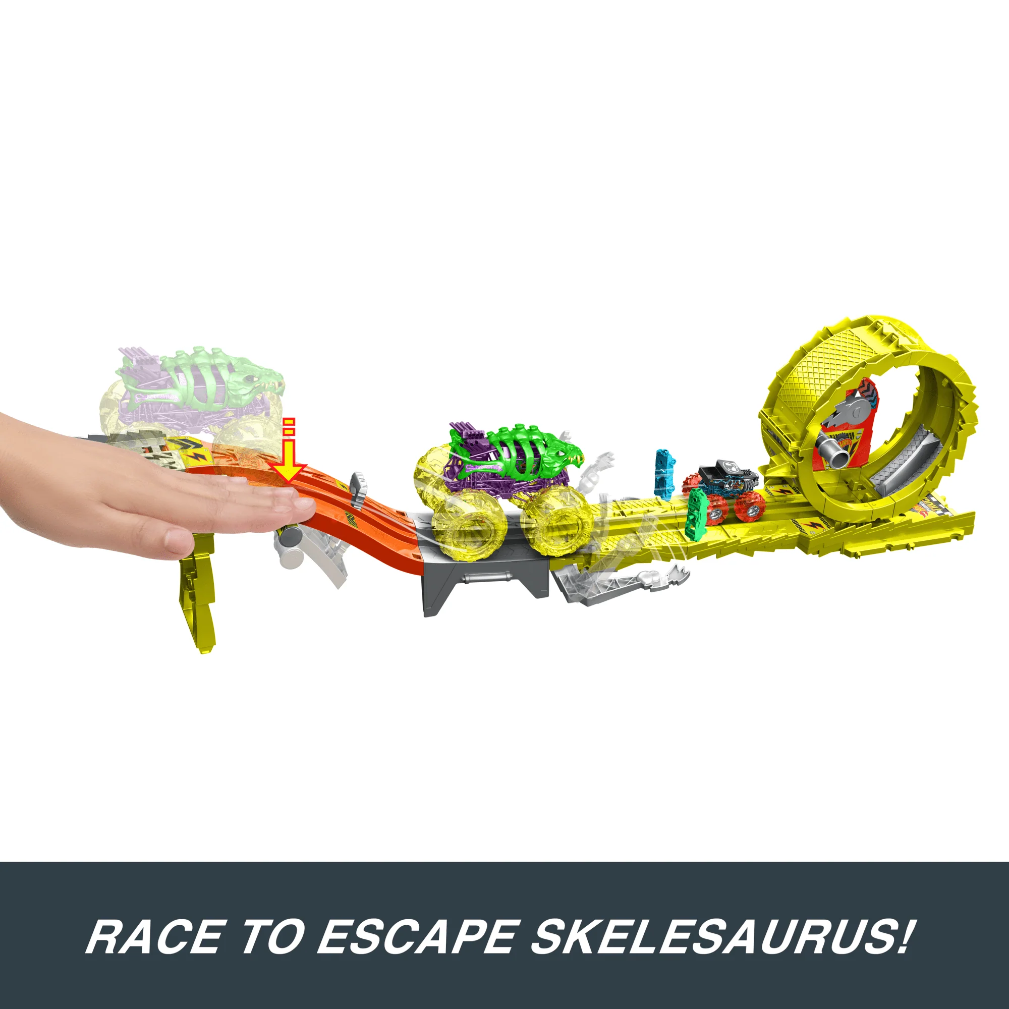 Hot Wheels Monster Trucks Power Smashers Charge & Chase Challenge Track Set With Oversized Skelesaurus, 1:64 Scale Bone Shaker & 2 Crushed Cars - Image 3