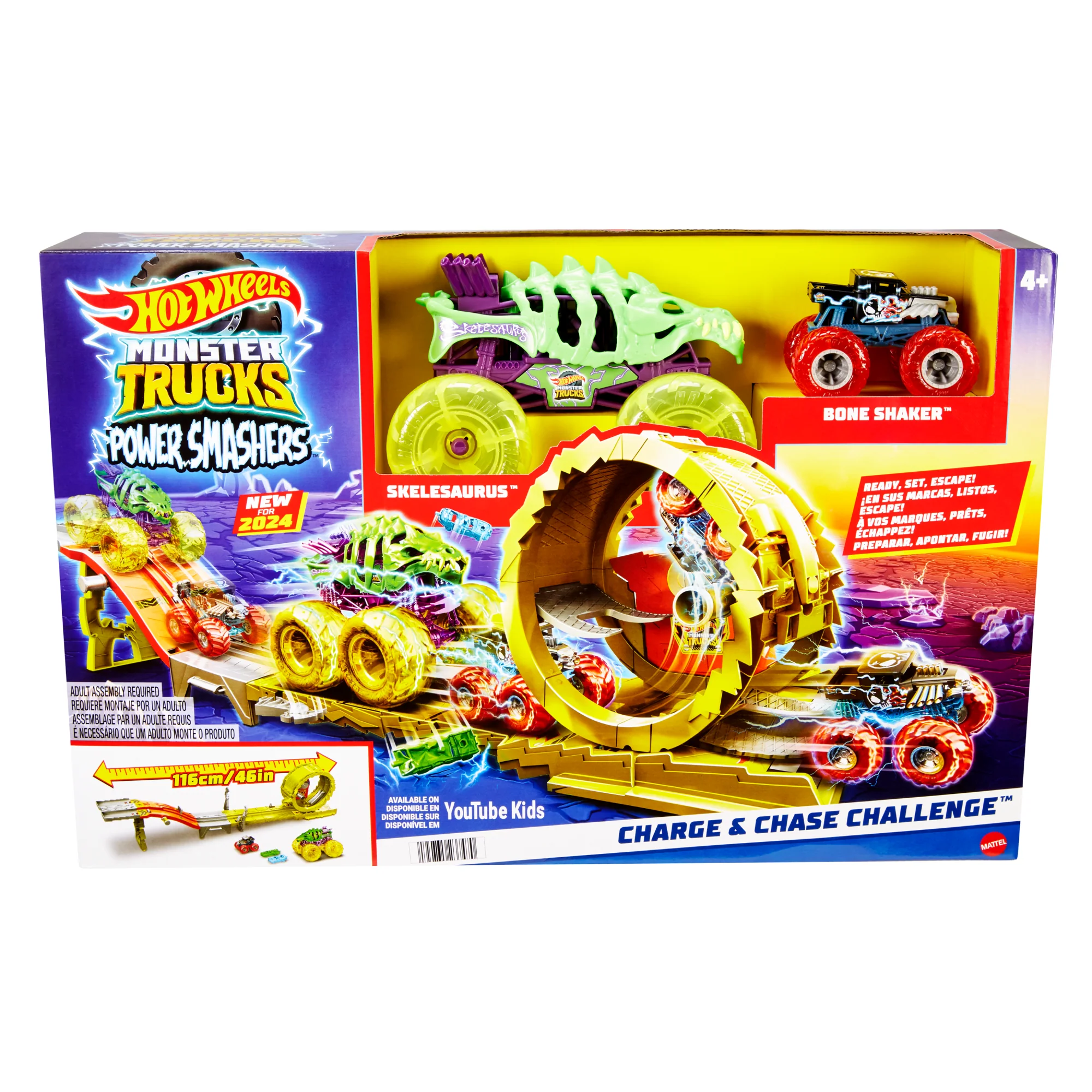 Hot Wheels Monster Trucks Power Smashers Charge & Chase Challenge Track Set With Oversized Skelesaurus, 1:64 Scale Bone Shaker & 2 Crushed Cars - Image 6