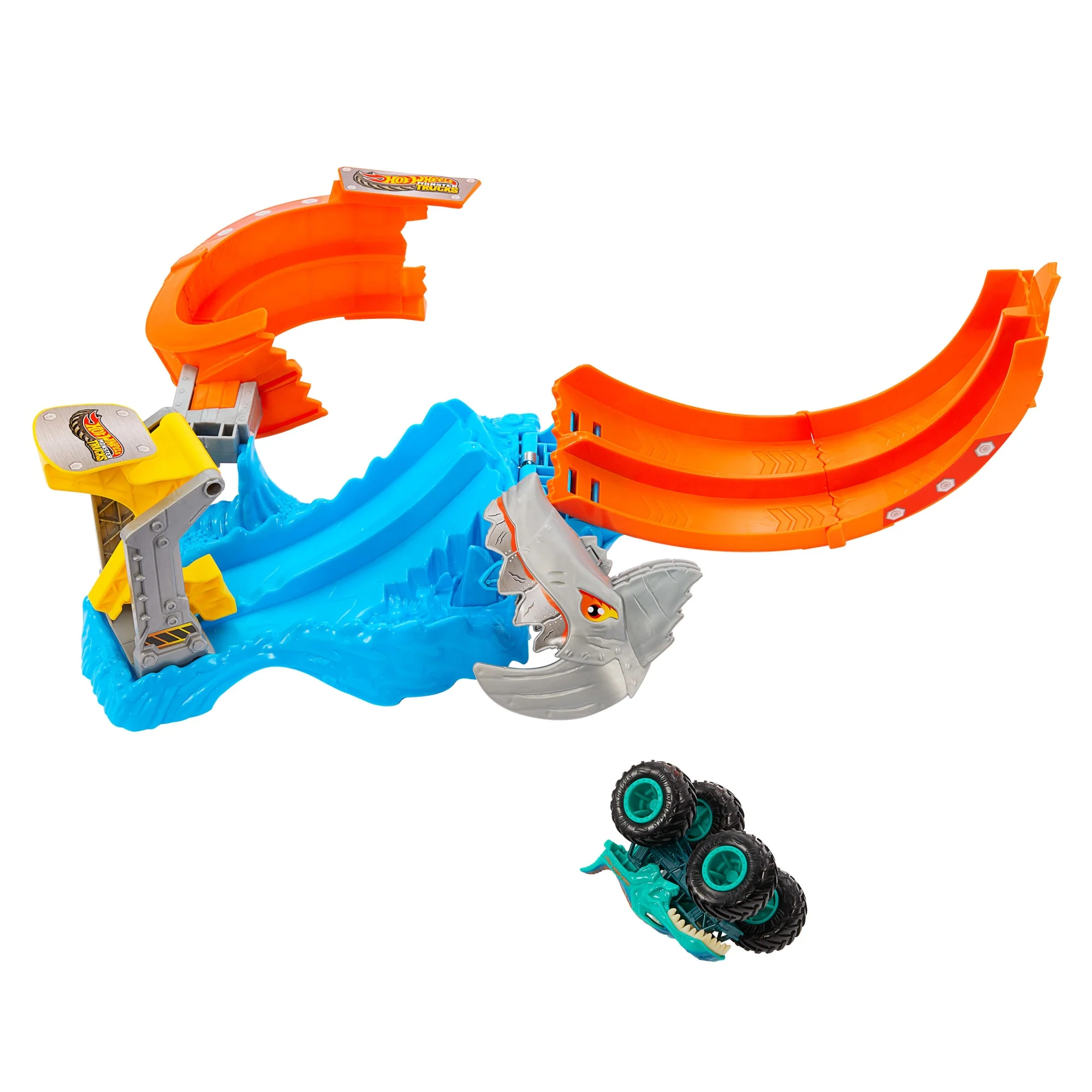 Hot Wheels Monster Trucks Corkscrew Shark Smash Track Set & 1:64 Scale MEGA-Wrex Toy Truck - Image 2