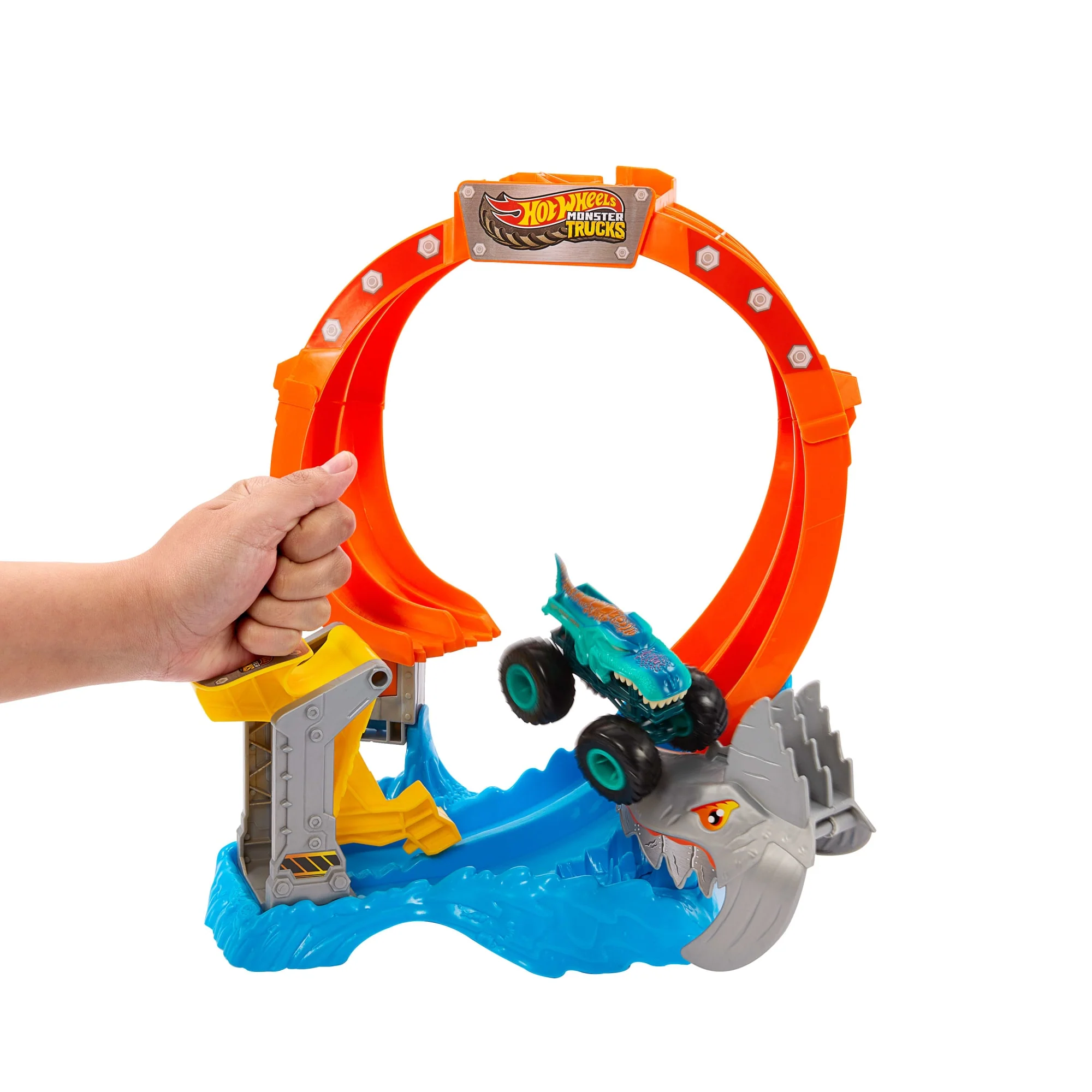 Hot Wheels Monster Trucks Corkscrew Shark Smash Track Set & 1:64 Scale MEGA-Wrex Toy Truck - Image 3