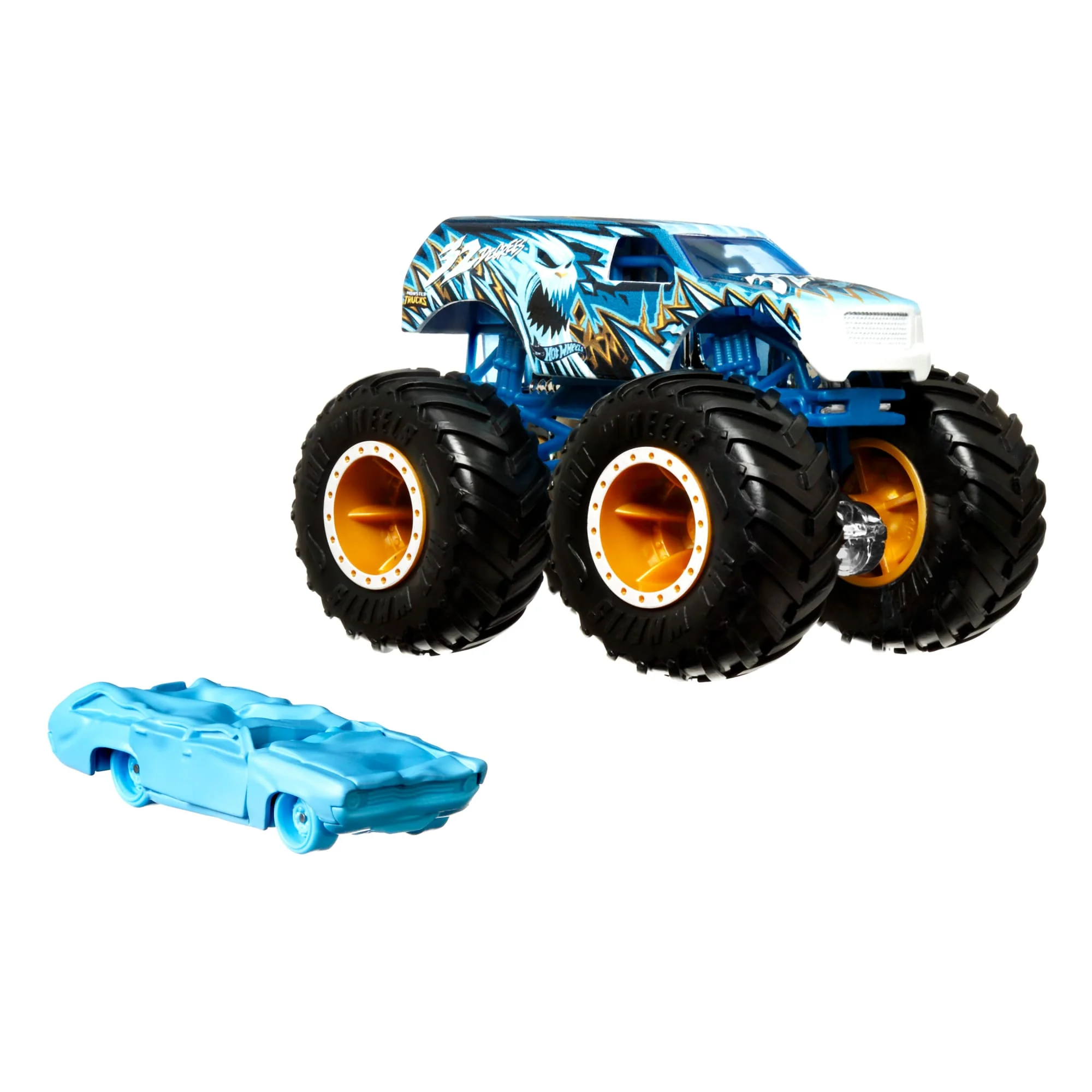 Hot Wheels Monster Trucks Im Maßstab 1:64 2Er Pack Fahrzeuge; 1 Die-Cast Truck & 1 Auto - Image 3