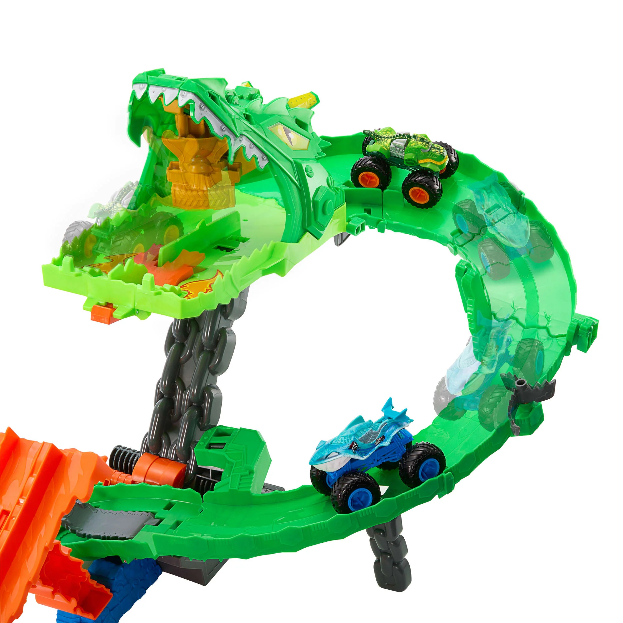 Hot Wheels Monster Trucks Köpek Balığı Ve Dinozor Korkunç Ejderhaya Karşı Oyun Seti Ve 2 Oyuncak Kamyon - Image 3