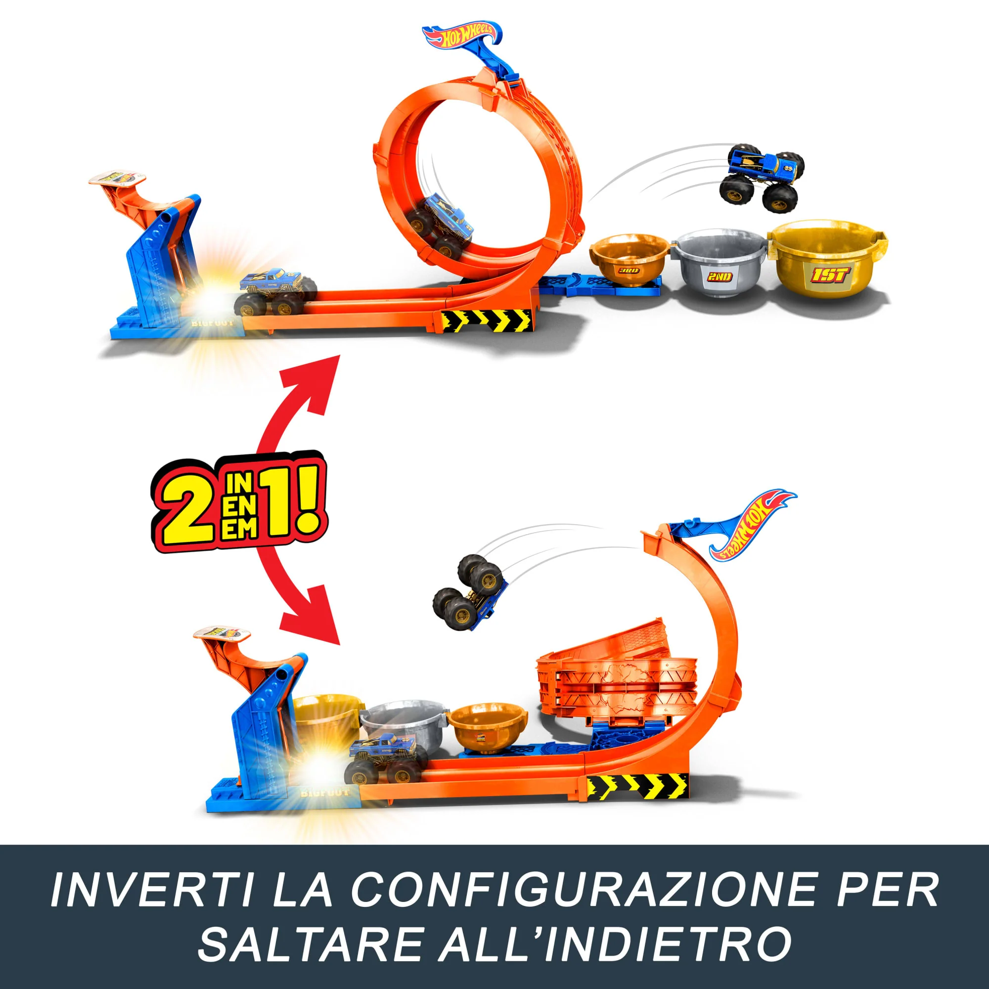 Hot Wheels Monster Trucks Sfida Trofeo Gira E Capovolgi, Playset Con Truck Giocattolo Bigfoot Die-Cast - Image 4