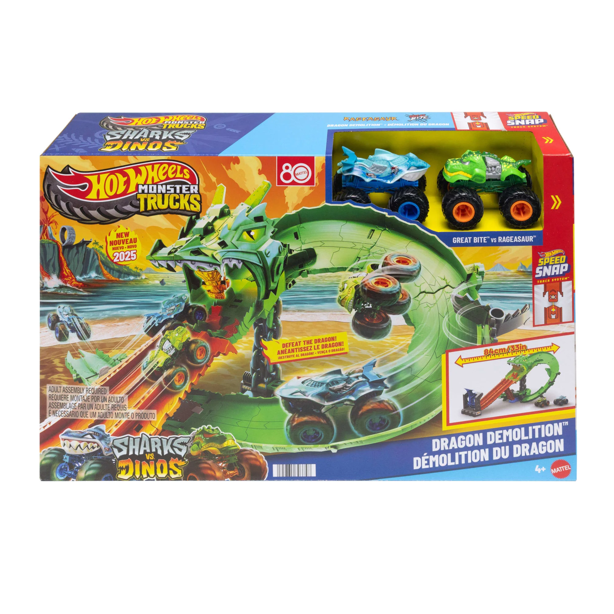Hot Wheels Monster Trucks Sharks vs Dinos Drachenzerstörungs-Spielset Und 2 Spielzeugtrucks - Image 6