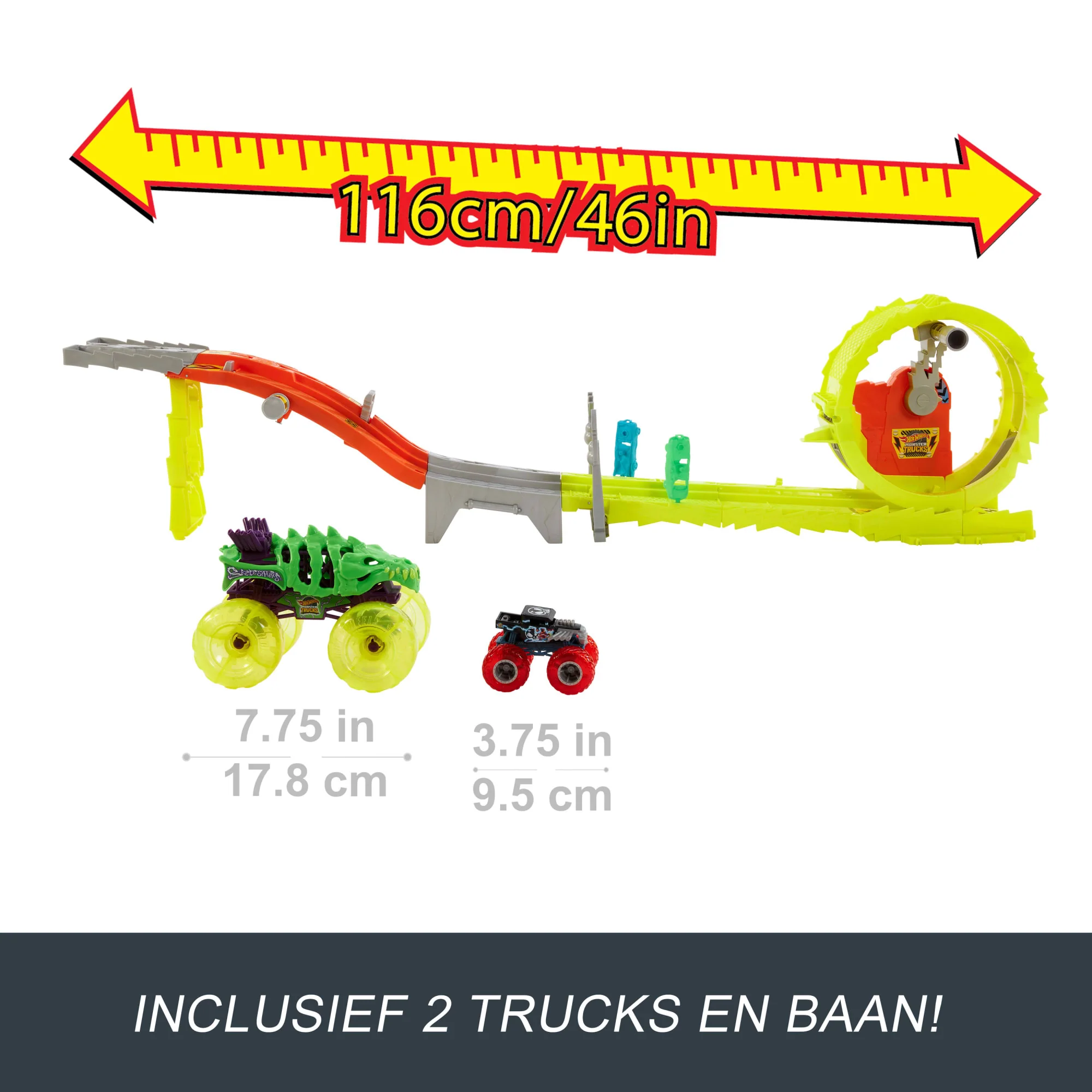 Hot Wheels Monstertrucks Powerkrakers Racen En Achtervolgen, Met Oversized Skelesaurus, Bottenschudder (Schaal 1:64) En 2 Pletbare Auto'S - Image 2