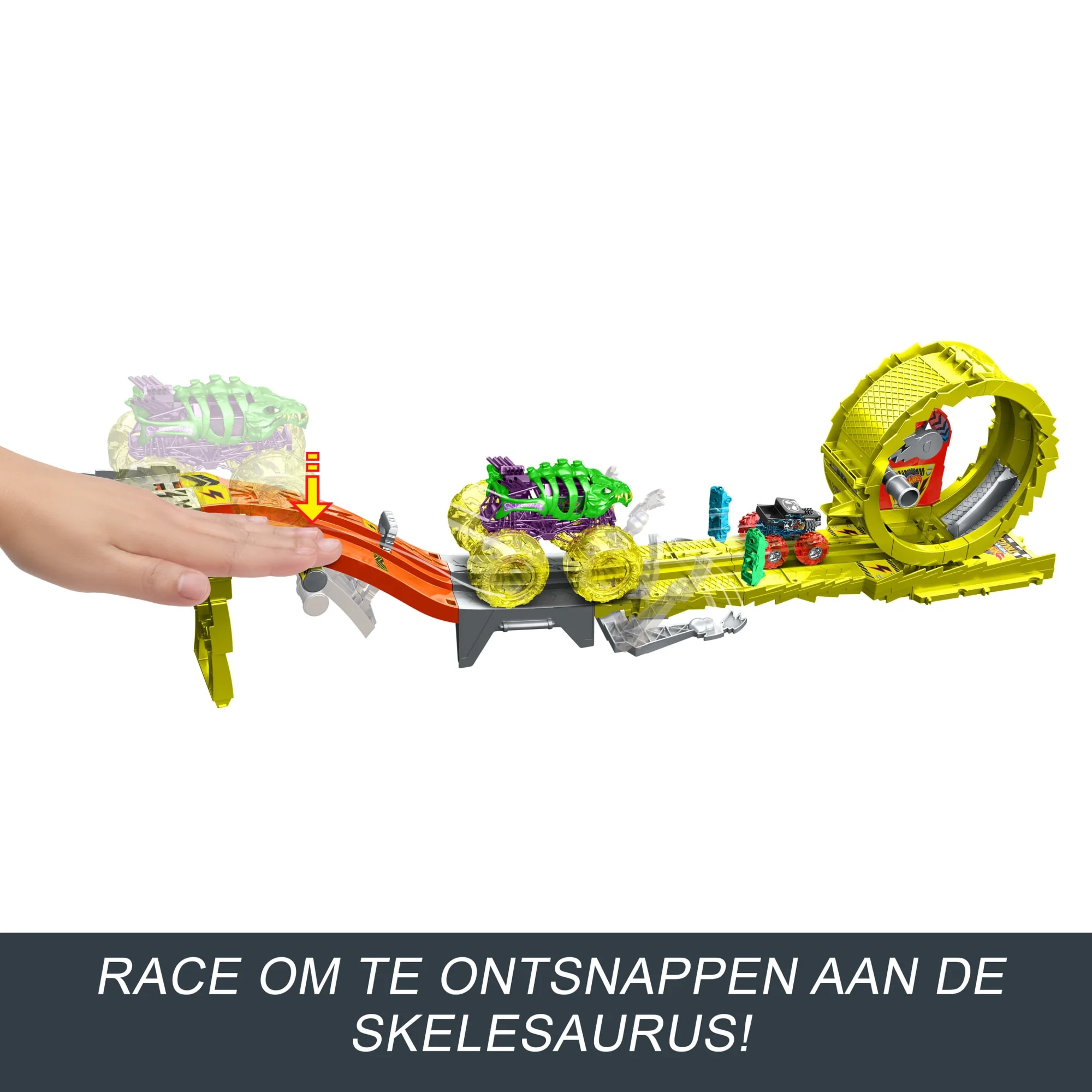 Hot Wheels Monstertrucks Powerkrakers Racen En Achtervolgen, Met Oversized Skelesaurus, Bottenschudder (Schaal 1:64) En 2 Pletbare Auto'S - Image 3