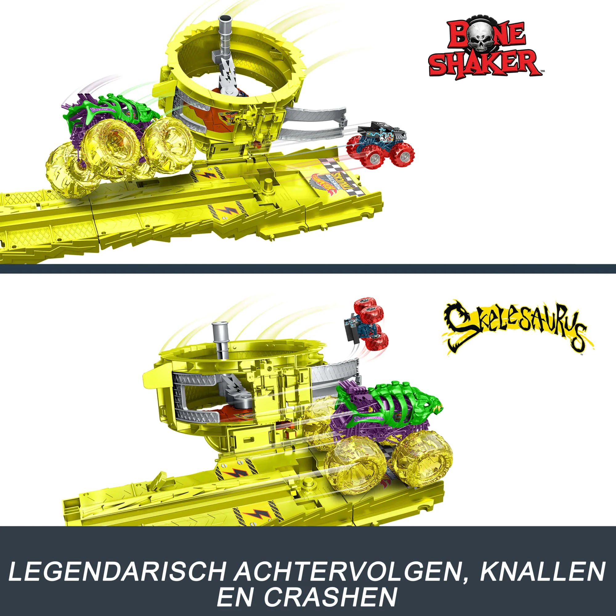 Hot Wheels Monstertrucks Powerkrakers Racen En Achtervolgen, Met Oversized Skelesaurus, Bottenschudder (Schaal 1:64) En 2 Pletbare Auto'S - Image 4