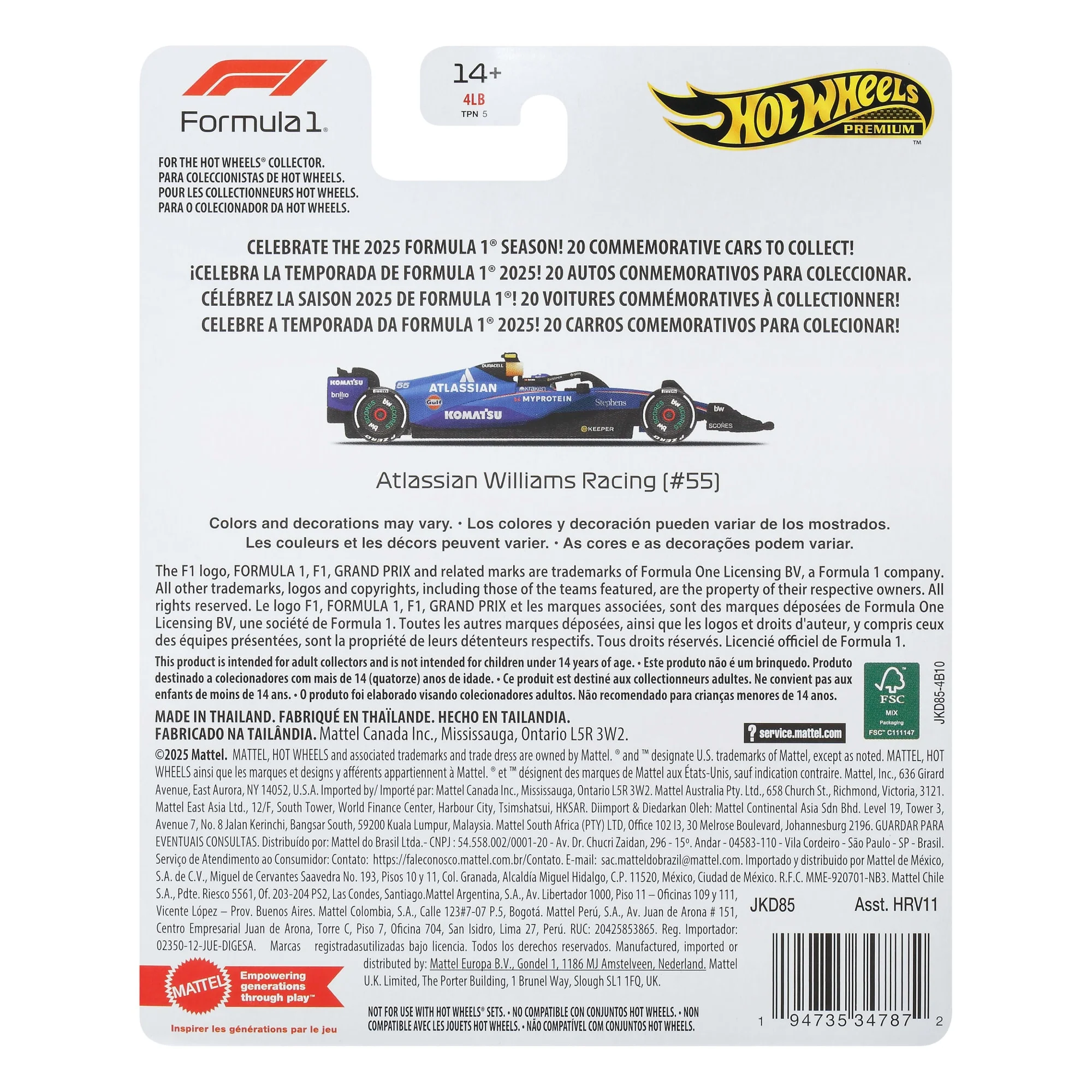 Hot Wheels Premium Formuła 1 Metalowy samochód bolid F1 w skali 1:64 Williams – Carlos Sainz #55 Auto dla kolekcjonerów - Image 5