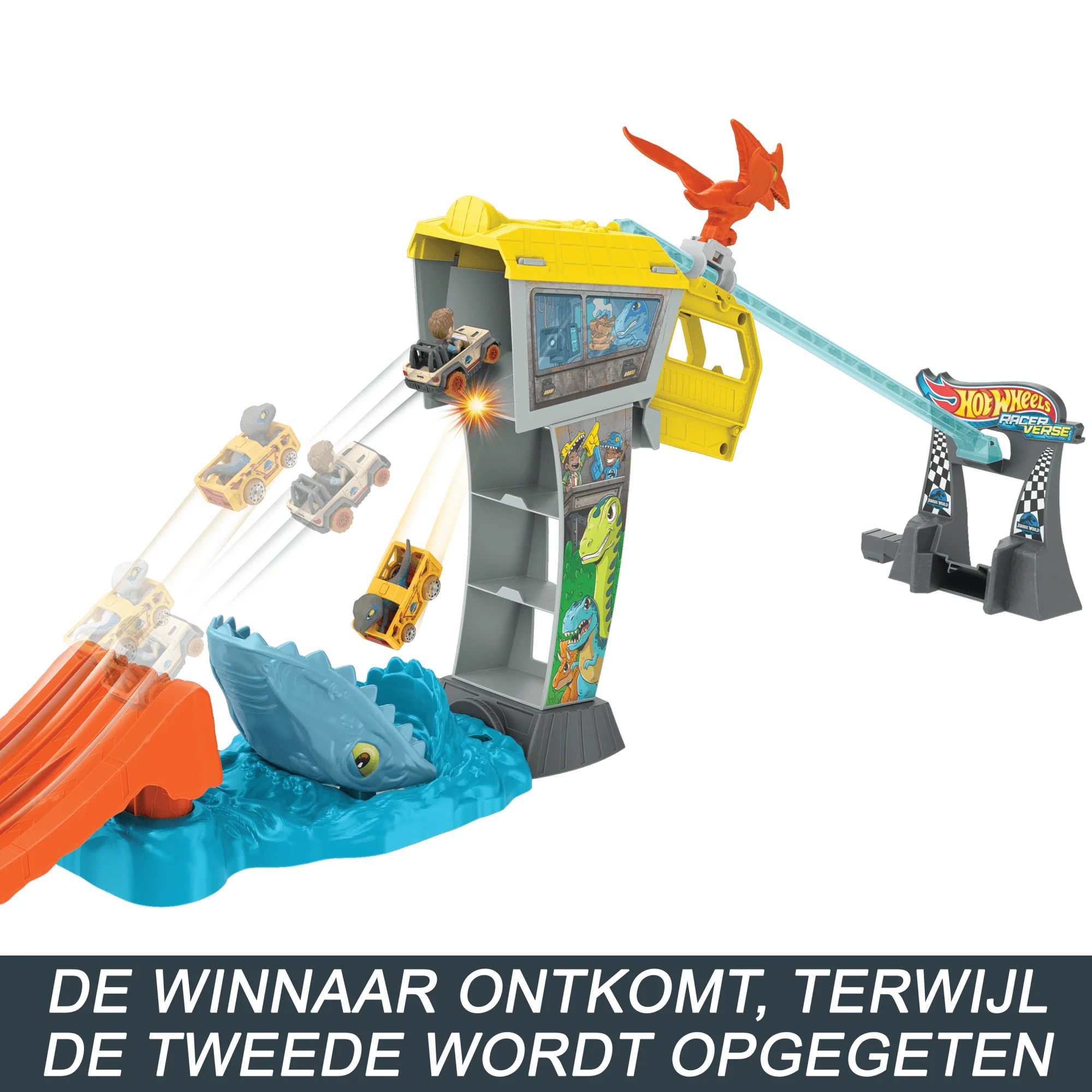 Hot Wheels Racerverse Jurassic World Blue'S Raptor Rit Baanset Met 2 Metalen Auto'S - Image 4