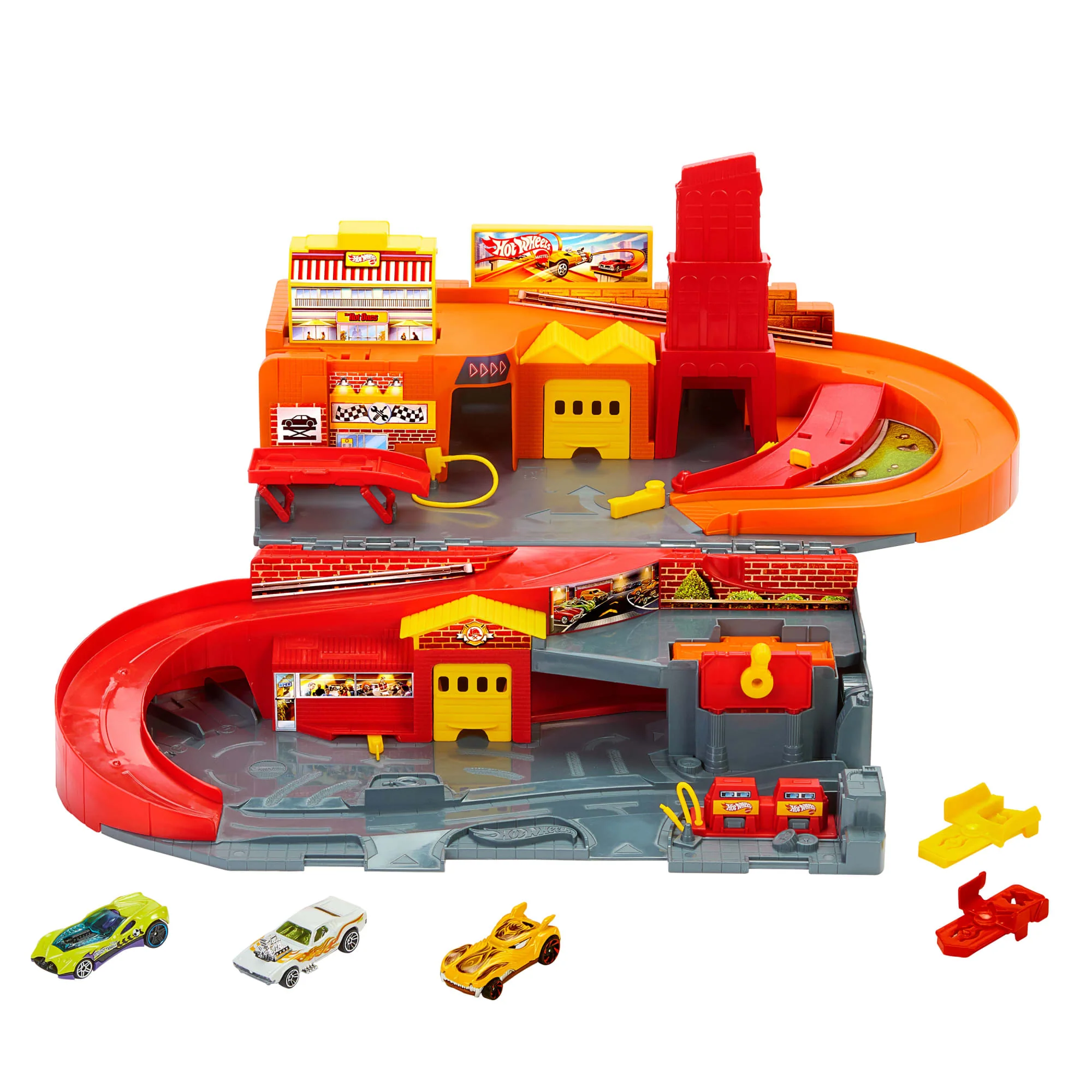 Hot Wheels Rajdowe miasto Przenośny zestaw, 3 metalowe autka w skali 1:64 i tor Szybki klik Zabawka 3+ - Image 2