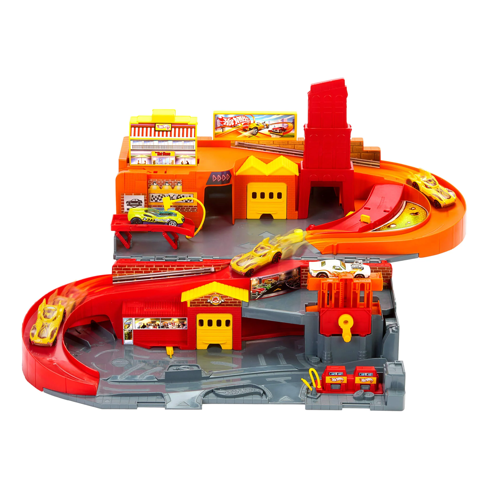 Hot Wheels Rajdowe miasto Przenośny zestaw, 3 metalowe autka w skali 1:64 i tor Szybki klik Zabawka 3+ - Image 4