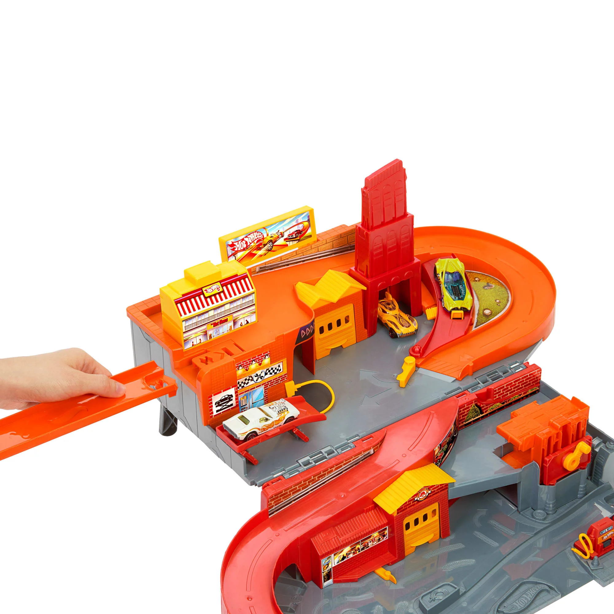 Hot Wheels Rajdowe miasto Przenośny zestaw, 3 metalowe autka w skali 1:64 i tor Szybki klik Zabawka 3+ - Image 6
