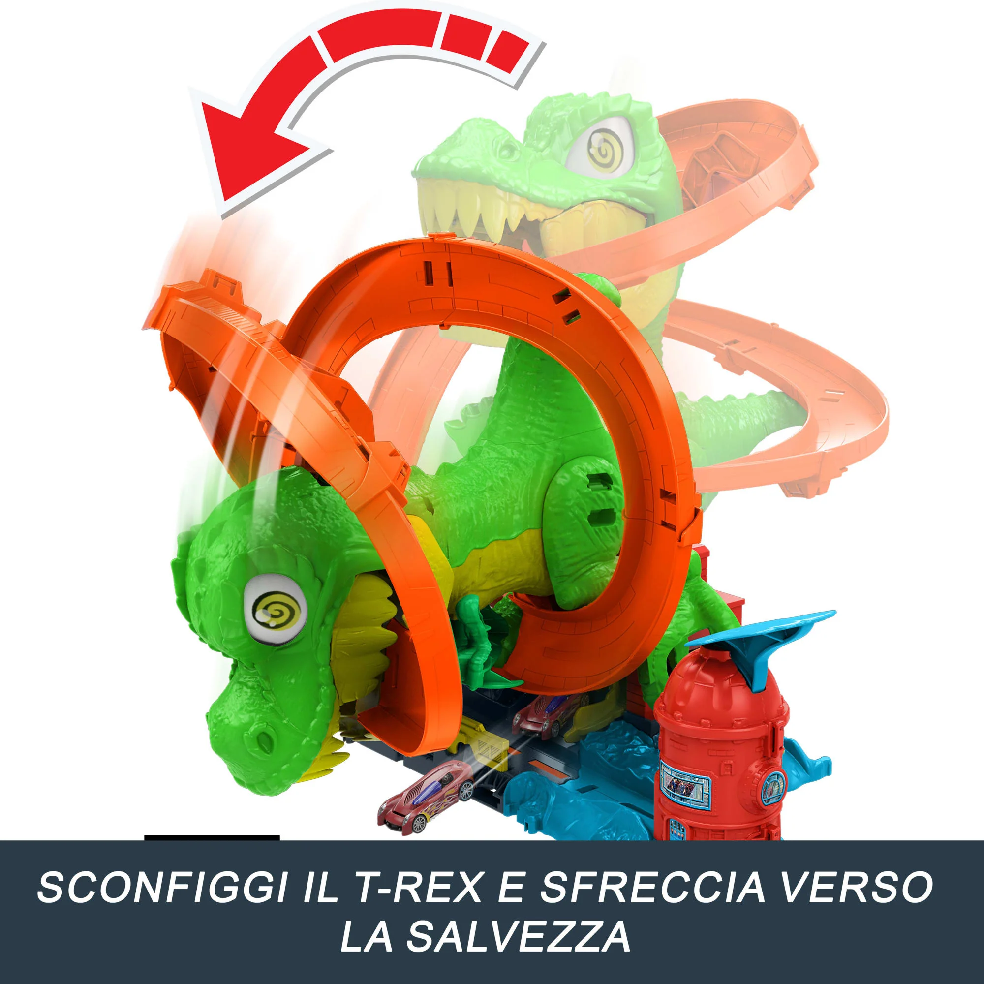 Playset Hot Wheels City T-Rex Battaglia Infuocata, Macchinina Die-Cast in Scala 1:64 E Dinosauro Nemico - Image 5