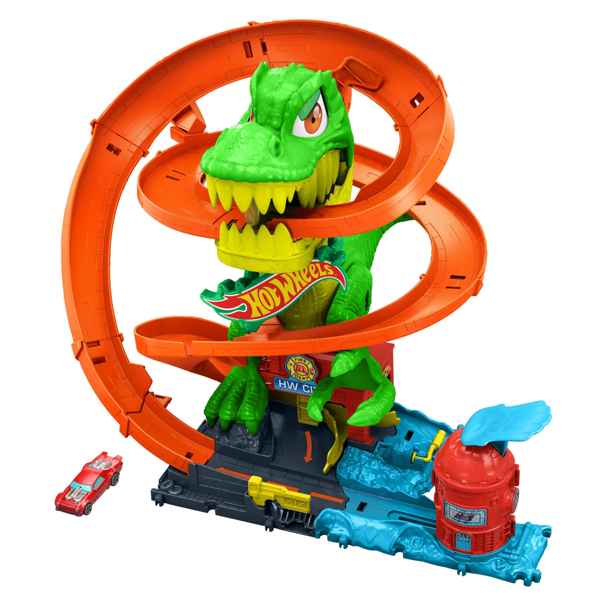 Hot Wheels T-Rex Ve İtfaiye İstasyonu Oyun Seti Ve 1:64 Ölçekli Metal Araba, Dinozorla Mücadele