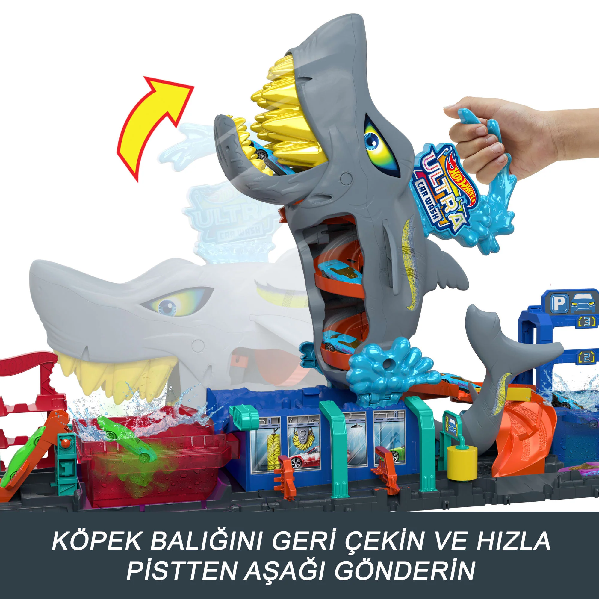 1:64 Ölçekte Renk Değiştiren Oyuncak Araba Içeren Hot Wheels Şehri Muhteşem Köpek Balığı Araba Yıkama - Image 4