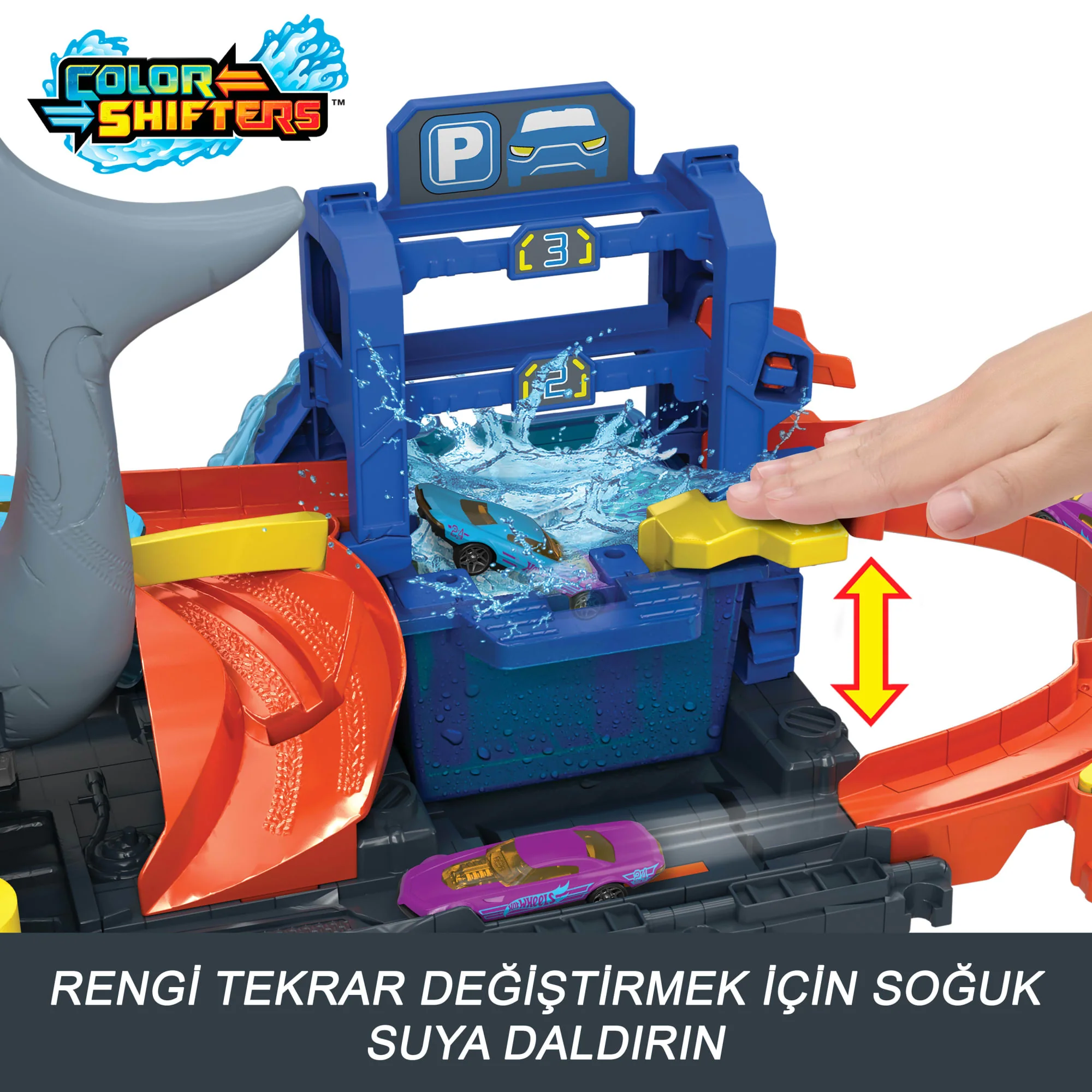 1:64 Ölçekte Renk Değiştiren Oyuncak Araba Içeren Hot Wheels Şehri Muhteşem Köpek Balığı Araba Yıkama - Image 5
