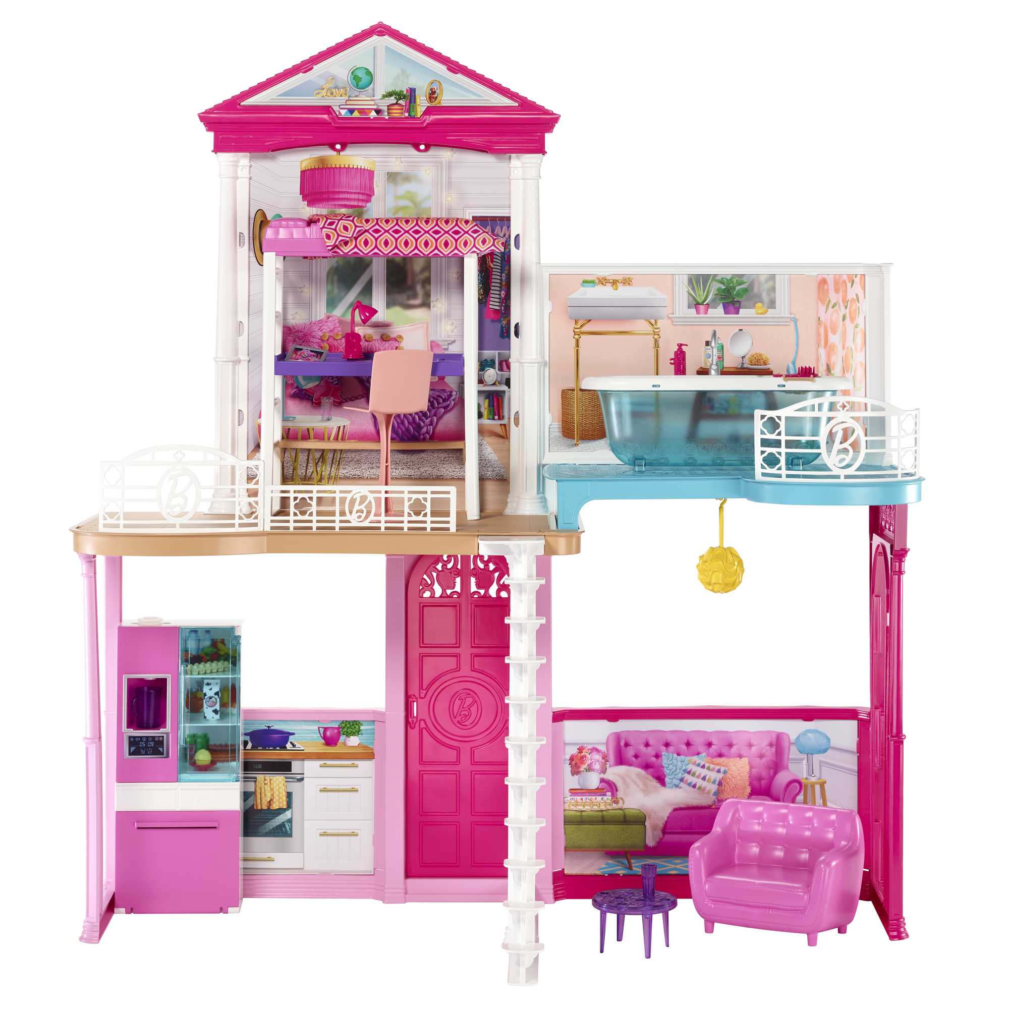 Barbie Poppenhuis Met 3 Poppen, Zwembad En Glijbaan, 4 Meubelsets En Accessoires - Image 3