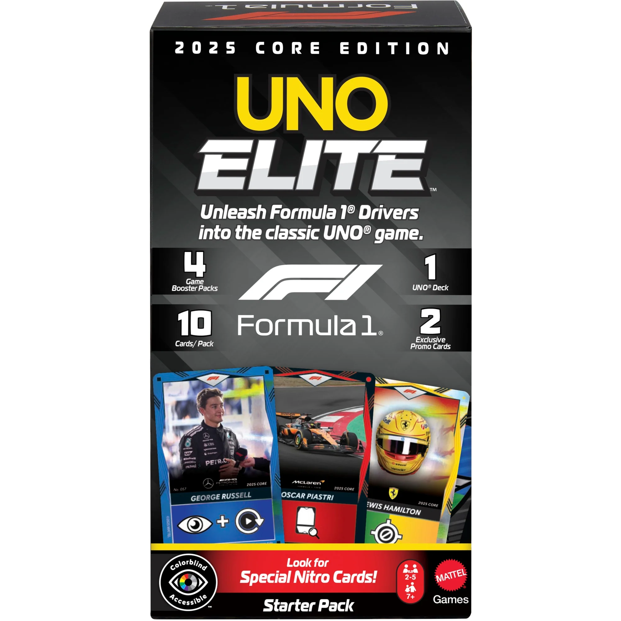 Juego De Cartas UNO Elite Formula 1 Edición Principal 2025 Pack De Iniciación Con 4 Packs De Propulsores De Juego Y 2 Cartas Promocionales