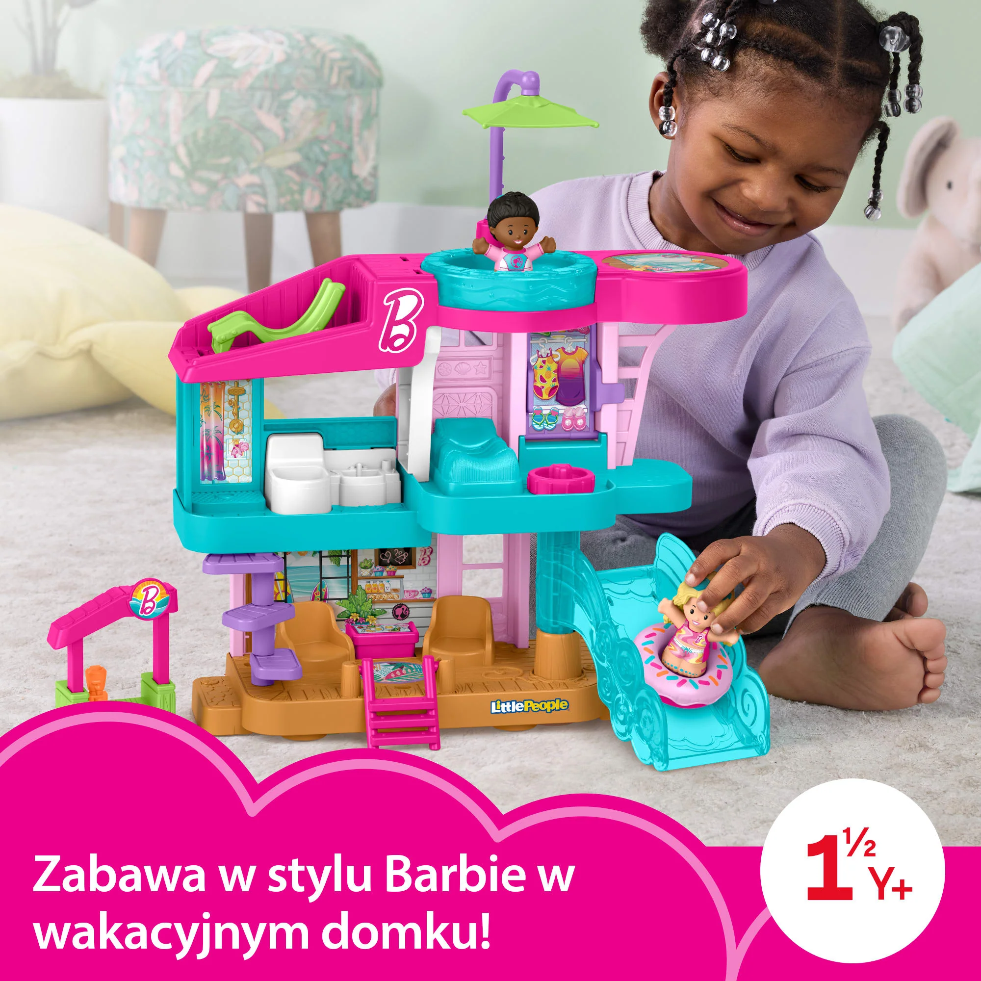 Little People Barbie Domek Malibu Zestaw, 2 figurki i akcesoria Zabawka 1,5+ - Image 2