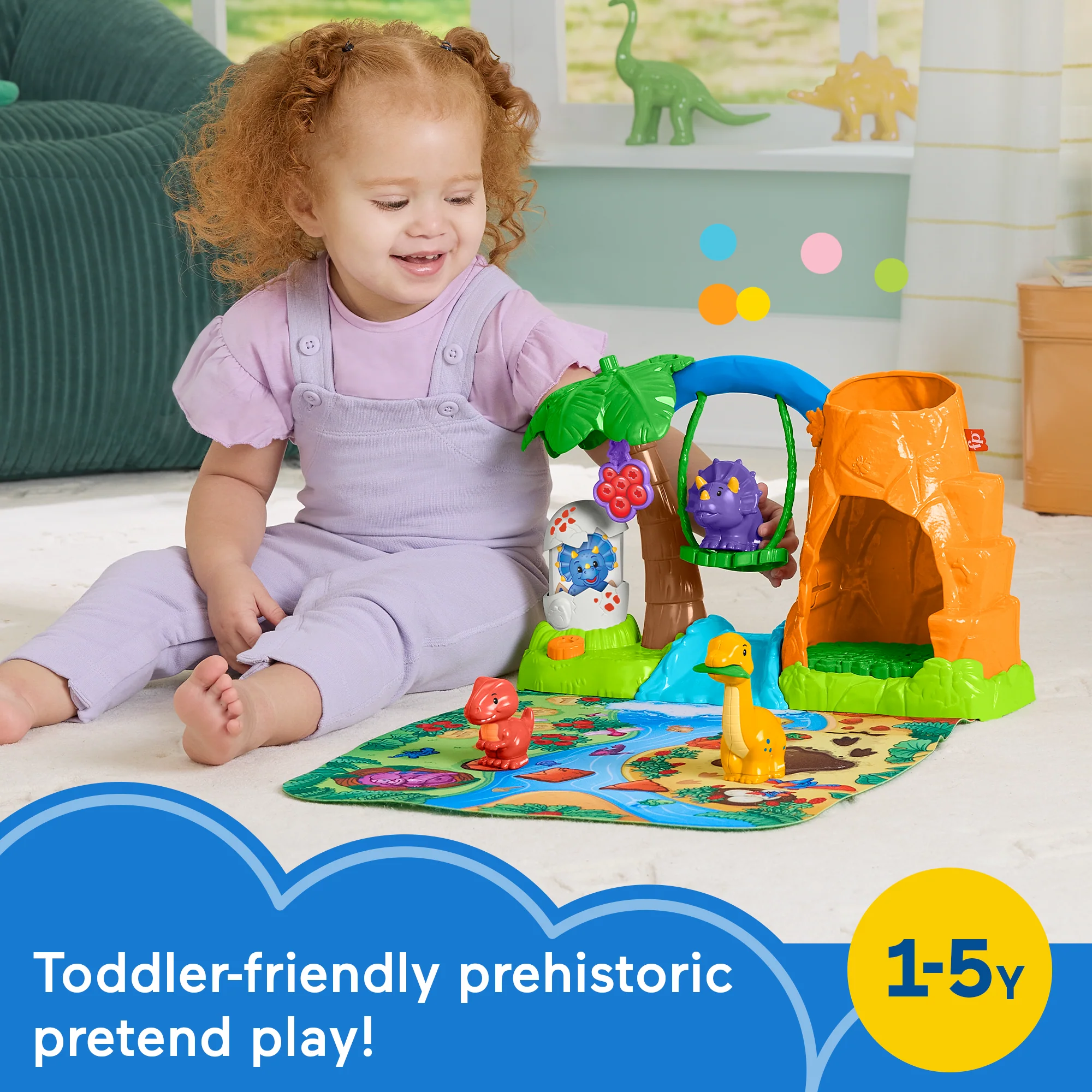Fisher-Price Little People Dinosaur Village & Play Mat Toddler Playset, 3 Toy Figures - Image 2