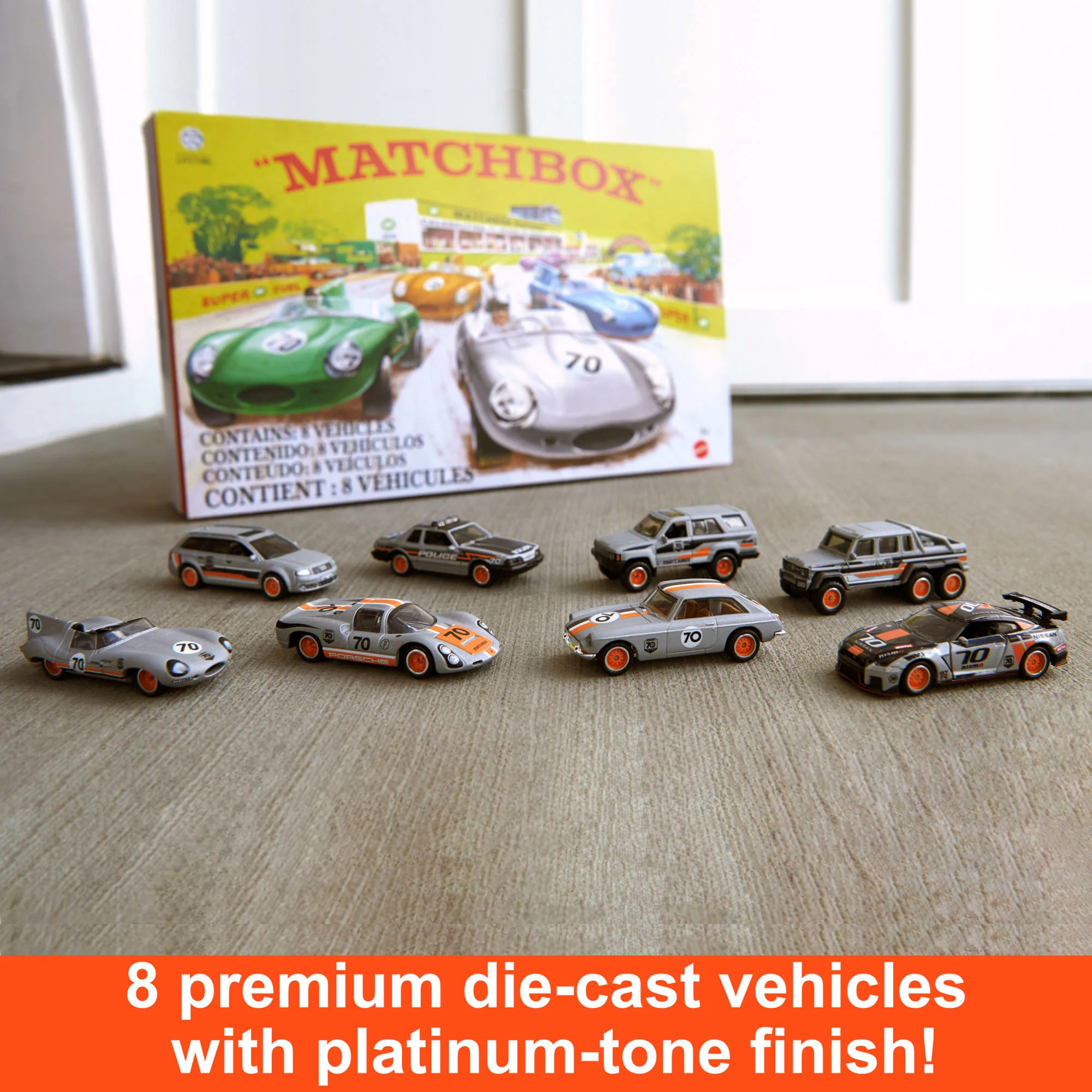 Matchbox Cars, Set of 8 Die-Cast Cars in 1:64 Scale with Matchbox 70th Anniversary Finish - Image 2