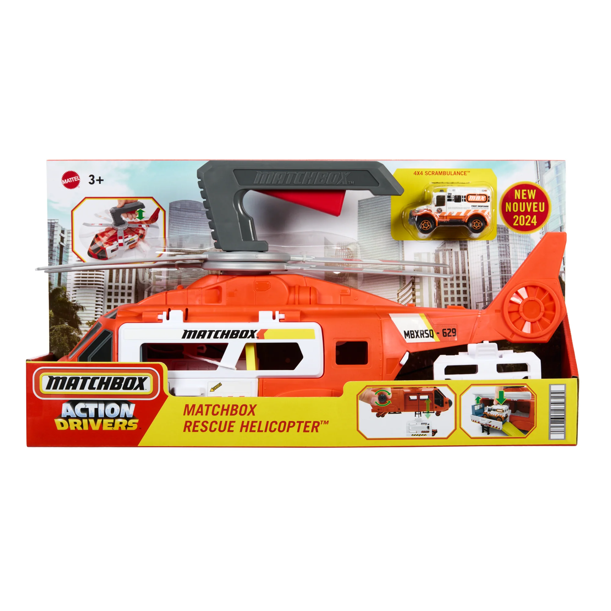 Matchbox Action Drivers Matchbox Rescue Helicopter,16-In Large-Scale Helicopter With 1:64 Scale Die-Cast Toy Ambulance - Image 6