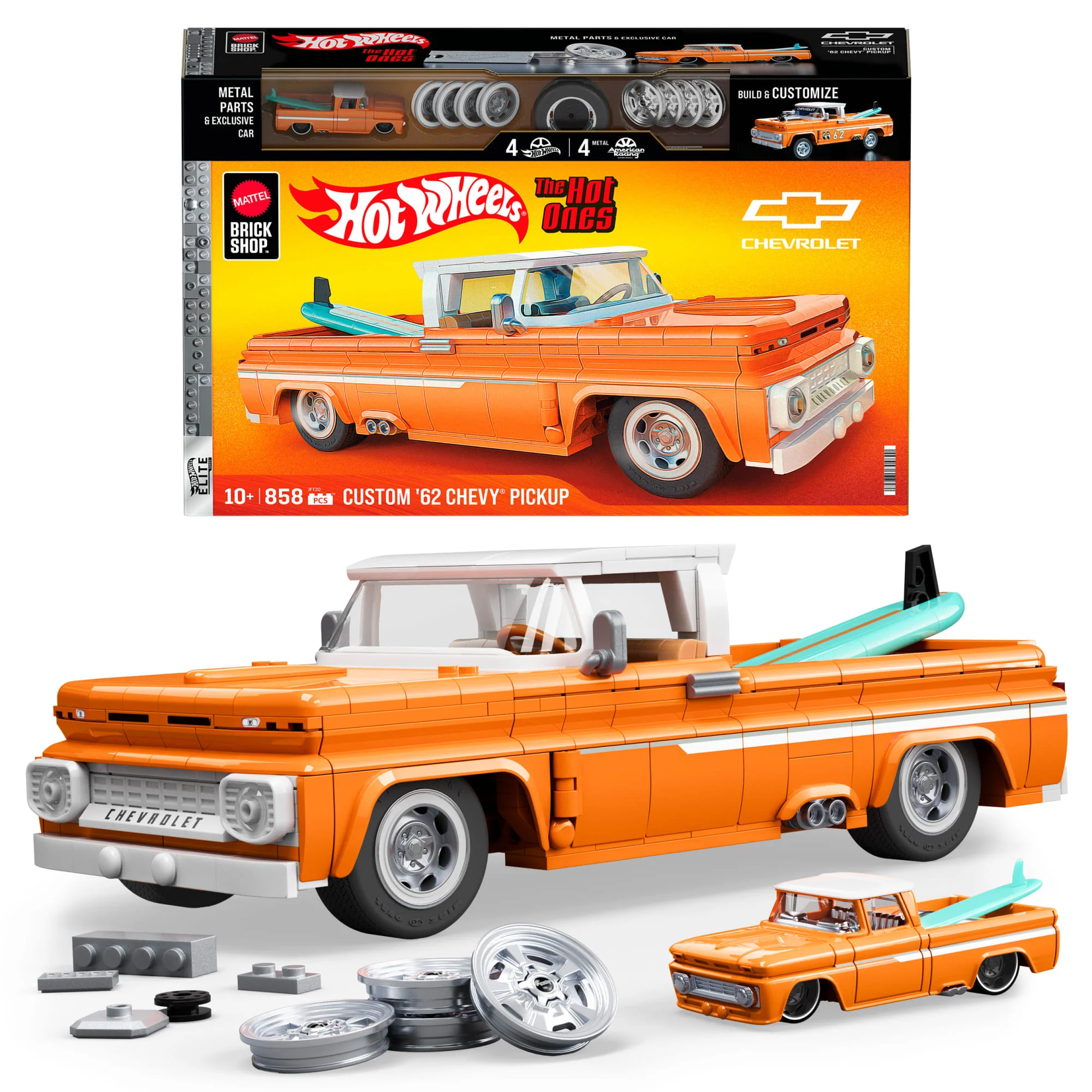 Mattel Brick Shop Klocki Hot Wheels Elite Series Custom ’62 Chevy Pickup Samochód do zbudowania 858 elementów Zabawka Zestaw konstrukcyjny dla kolekcjonerów