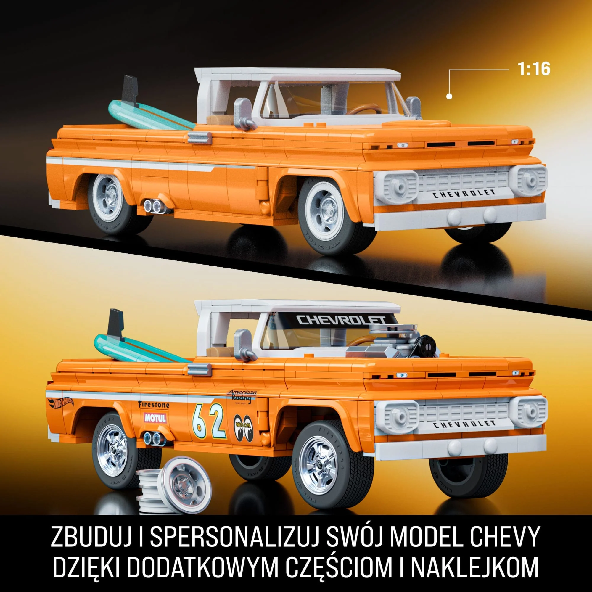 Mattel Brick Shop Klocki Hot Wheels Elite Series Custom ’62 Chevy Pickup Samochód do zbudowania 858 elementów Zabawka Zestaw konstrukcyjny dla kolekcjonerów - Image 3