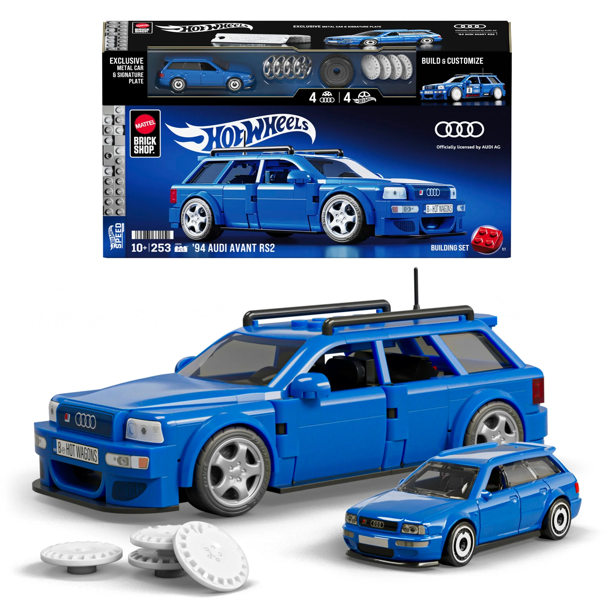 Mattel Brick Shop Klocki Hot Wheels Speed Series Audi Avant RS2 (1994) Samochód do zbudowania 253 elementy Zabawka Zestaw konstrukcyjny dla kolekcjonerów