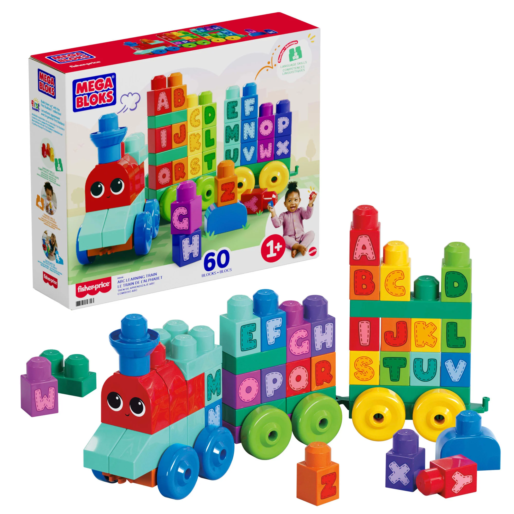 MEGA BLOKS First Builders ABC Leertrein Met Grote Bouwblokken, Bouwspeelgoed Voor Peuters (60 Onderdelen)