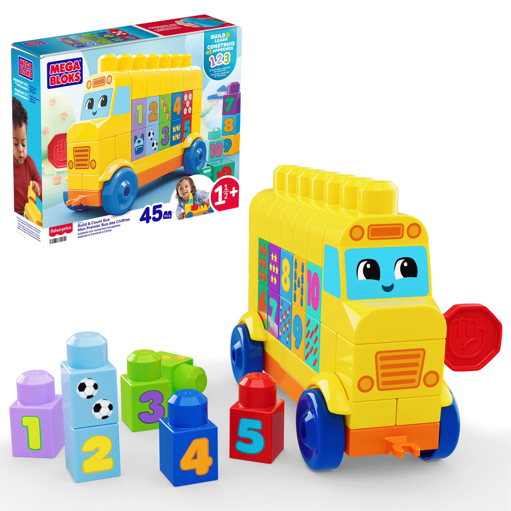 MEGA BLOKS First Builders Scuolabus Costruisci E Impara, Gioco Con Blocchi Da Costruzione (45 Pezzi) Per Bimbi Piccoli