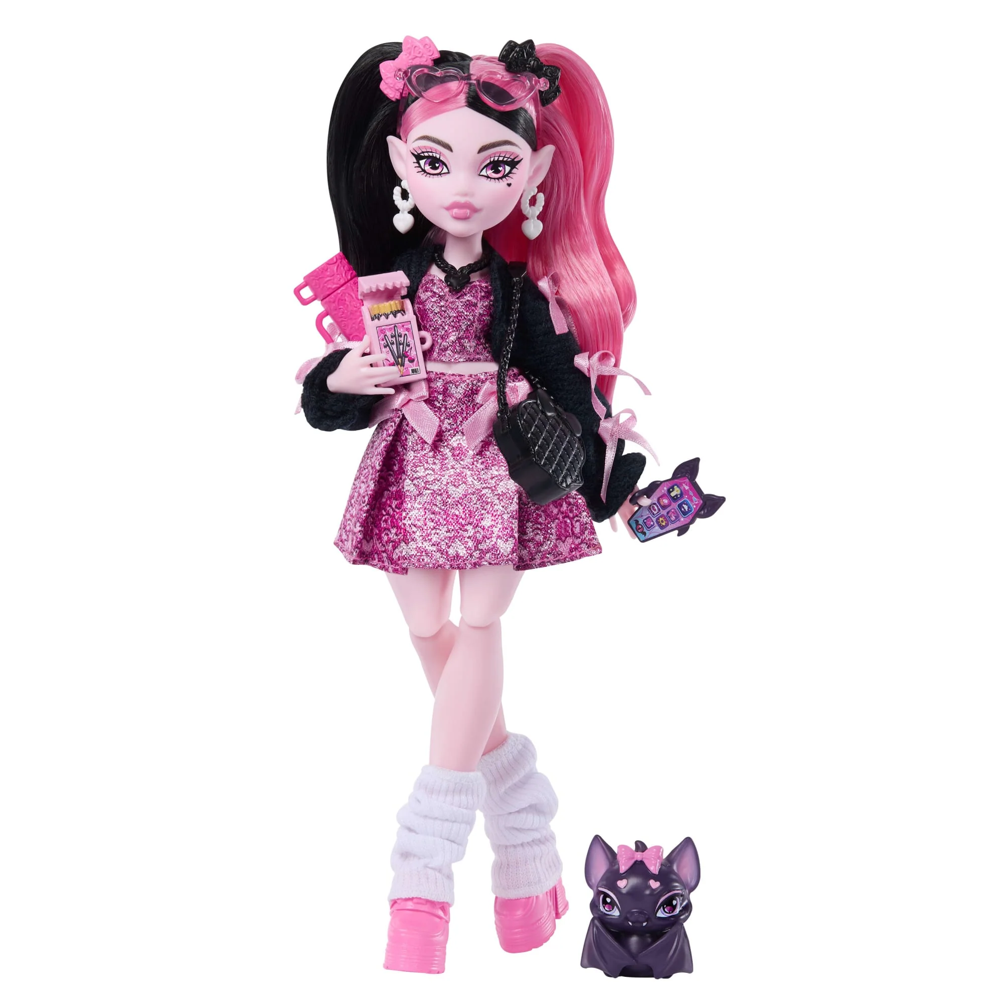 Bambola Monster High Draculaura in Abito Con Fiocco, Cucciolo Di Pipistrello Conte Fabulous E 7 Accessori