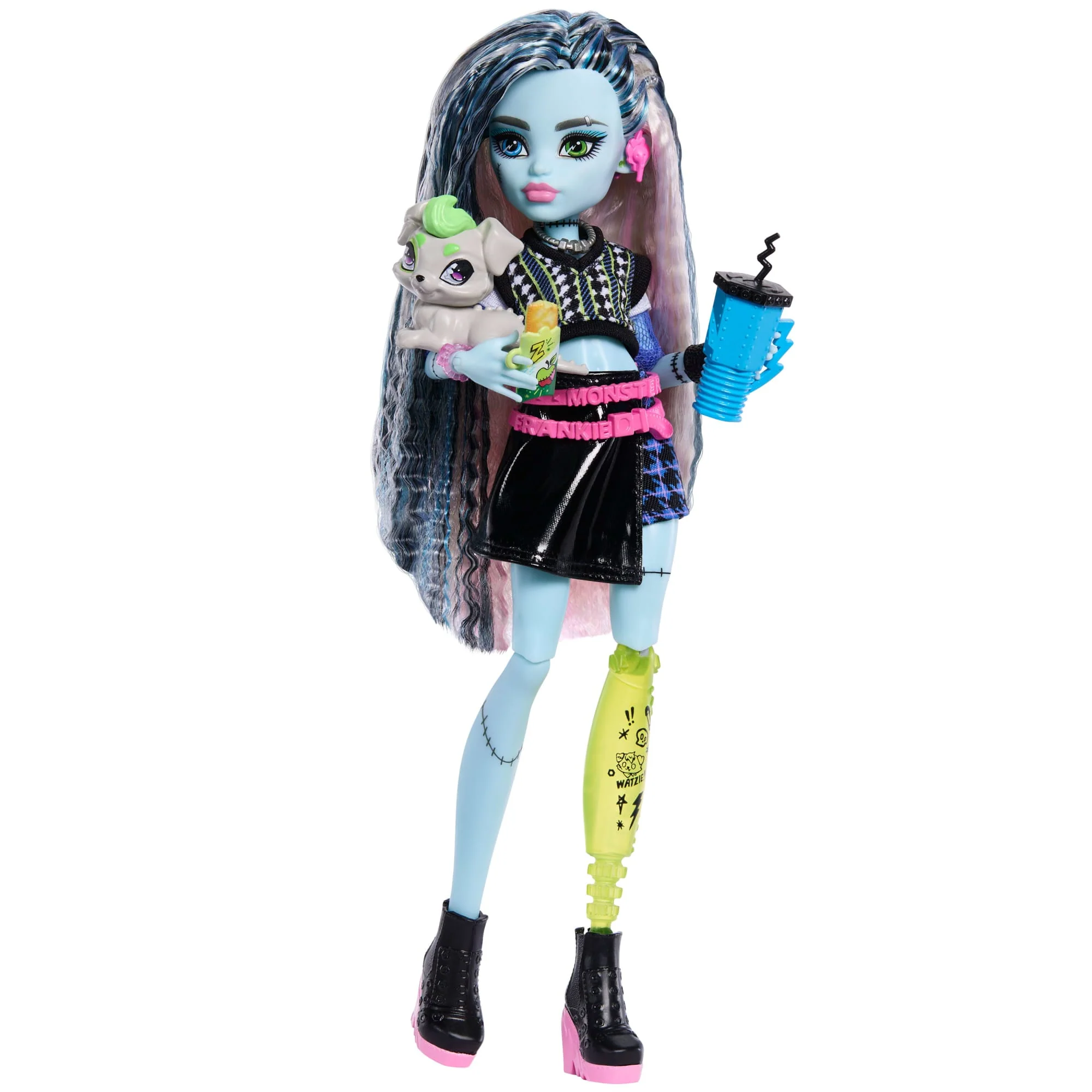 Monster High Frankie Stein, Modepop in Zwarte Kunstleren Rok Met Huisdier Watzie En 7 Accessoires - Image 3
