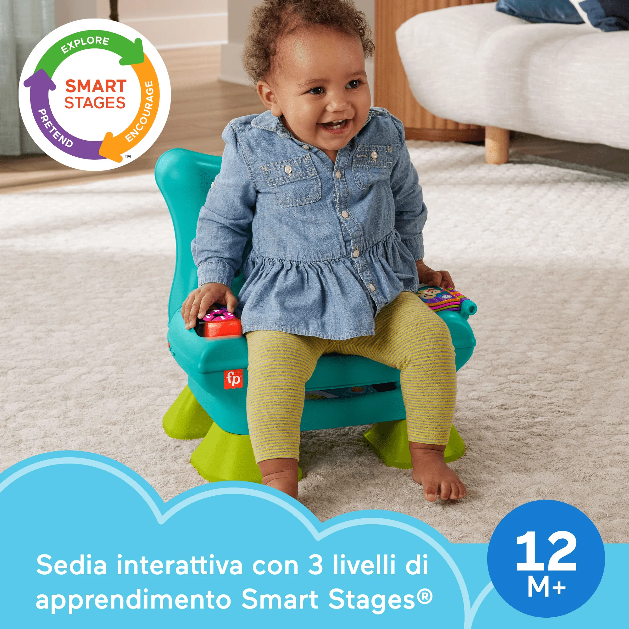 Fisher-Price Ridi E Impara La Poltroncina Di Cagnolino Smart Stages, Giocattolo Per L'Apprendimento Dei Neonati, Versione Multilingue, Turchese - Image 2