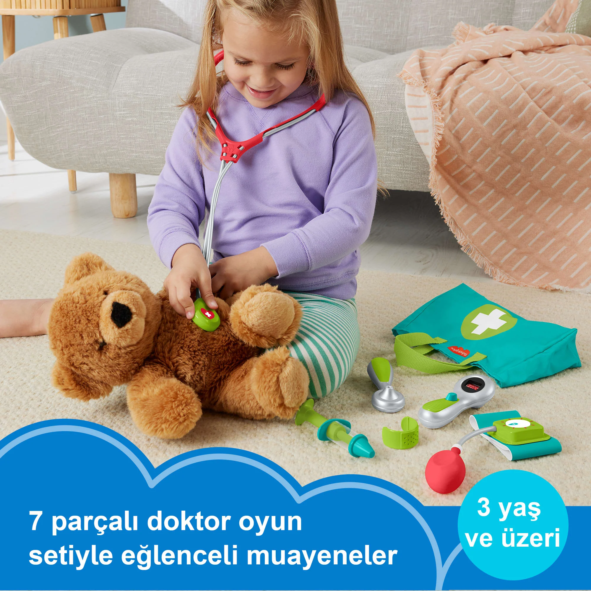 Okul Öncesi Çağdaki 3 Yaş Ve Üzeri Çocuklar Için 7 Parçadan Oluşan Fisher-Price Doktor Seti Doktor Oyuncakları - Image 2