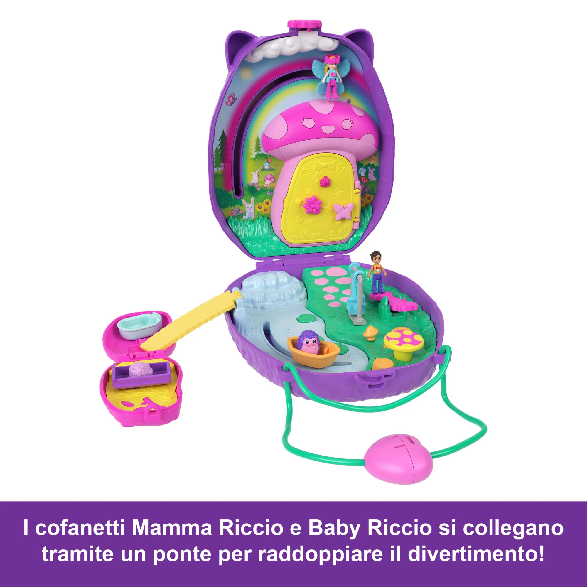 Playset Borsetta Polly Pocket Mamma Riccio E Baby Riccio Con 2 Bambole E 16 Accessori, Inclusi Animali Domestici - Image 3