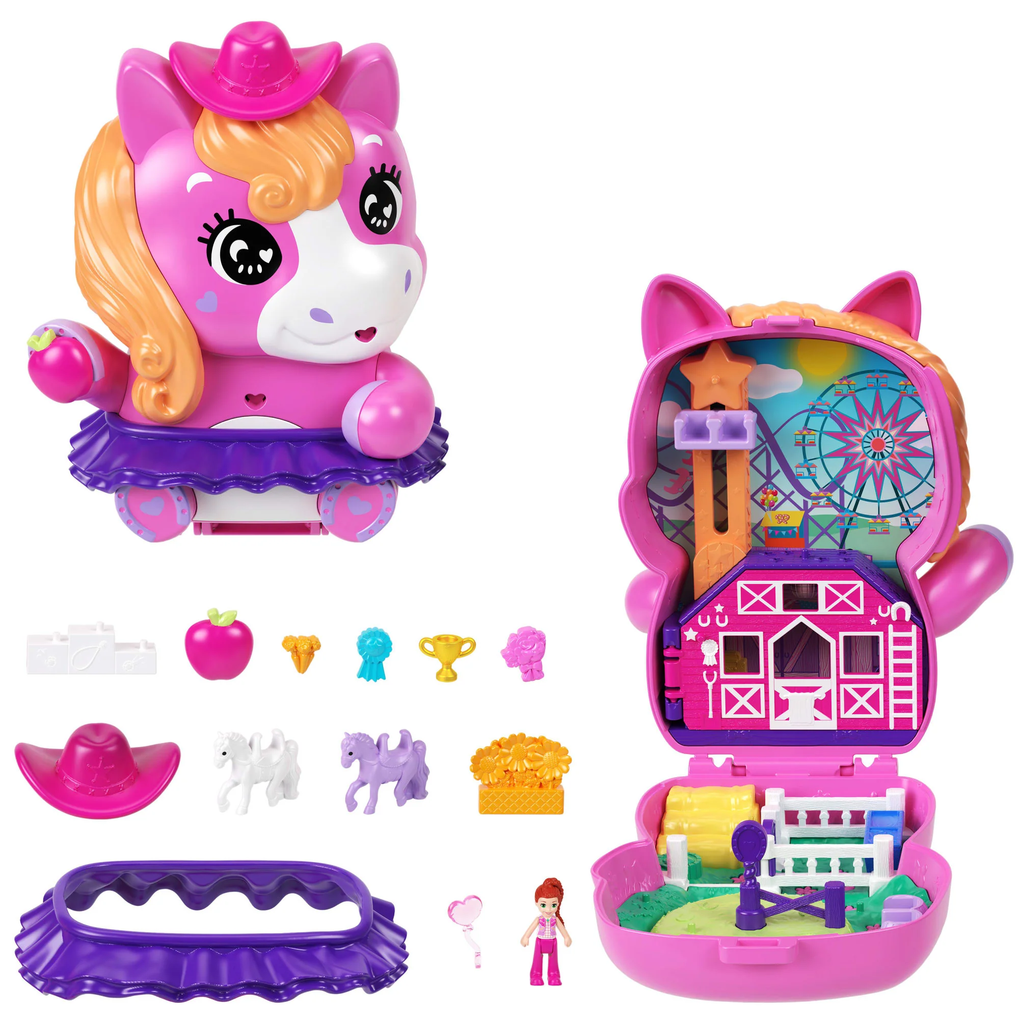 Polly Pocket Pony-Rodeo, Spielset Mit 1 Kleinen Puppe Und Pferdchen, Spielzeug Für Unterwegs Mit Zubehör Für Mode Und Essen