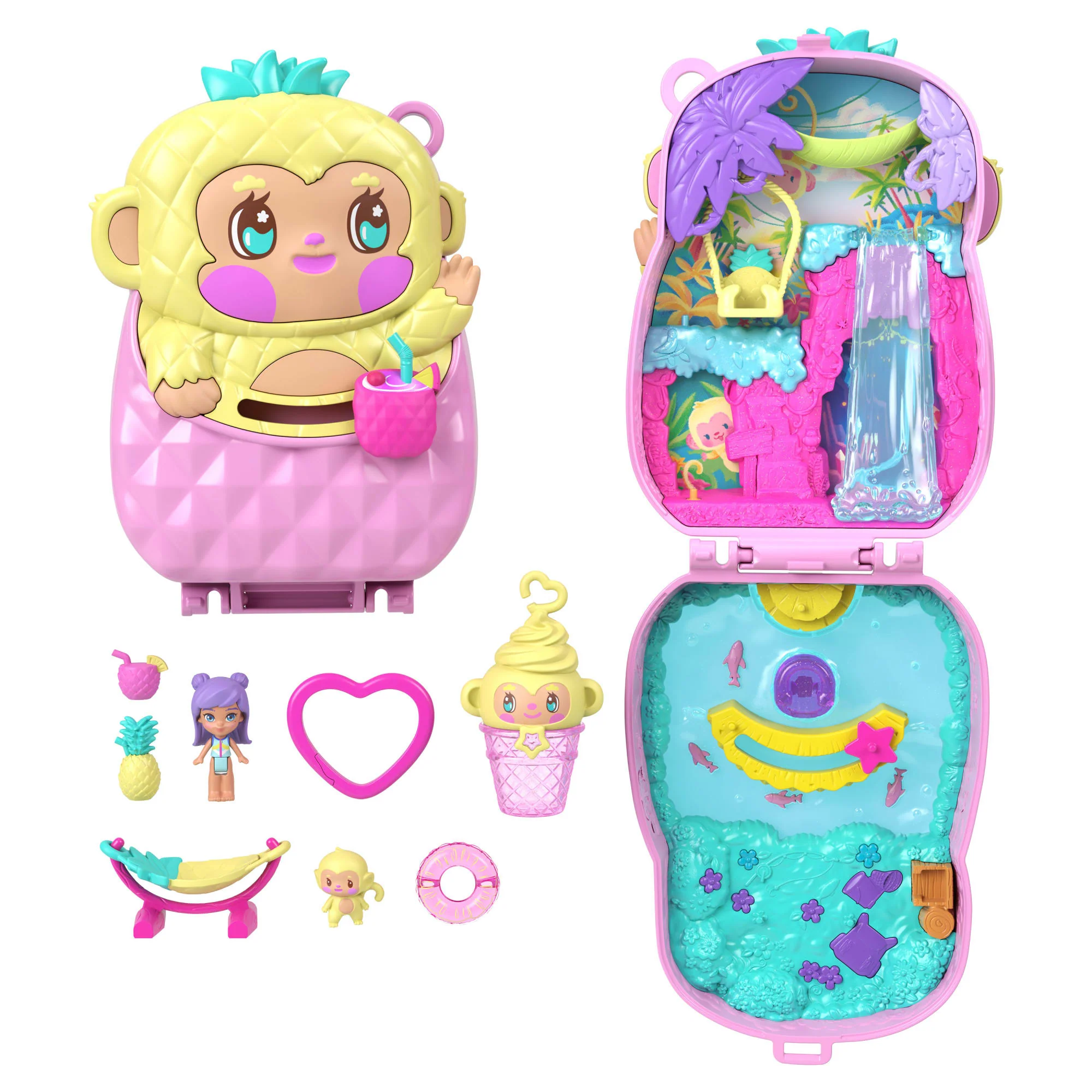 Polly Pocket Ananas Aapje, Compacte Speelset Met 1 Micropop En Dierenvriendje, Speelgoed Voor Onderweg Met Fruitaccessoires