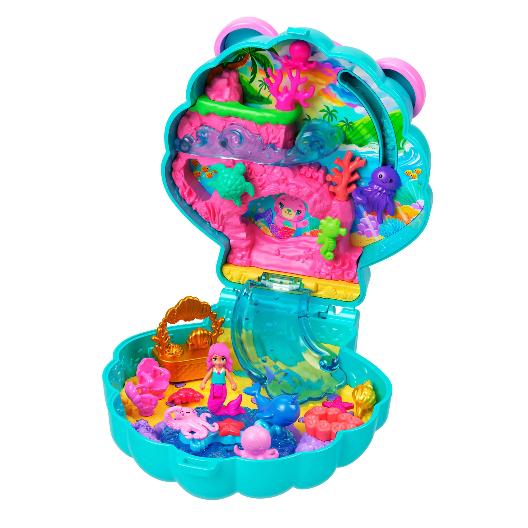 Polly Pocket Glitzerinsel-Schatulle, Spielset Mit 1 Mini-Meerjungfrauenpuppe Und Meerestieren, Reisespielzeug Mit Passendem Zubehör - Image 2
