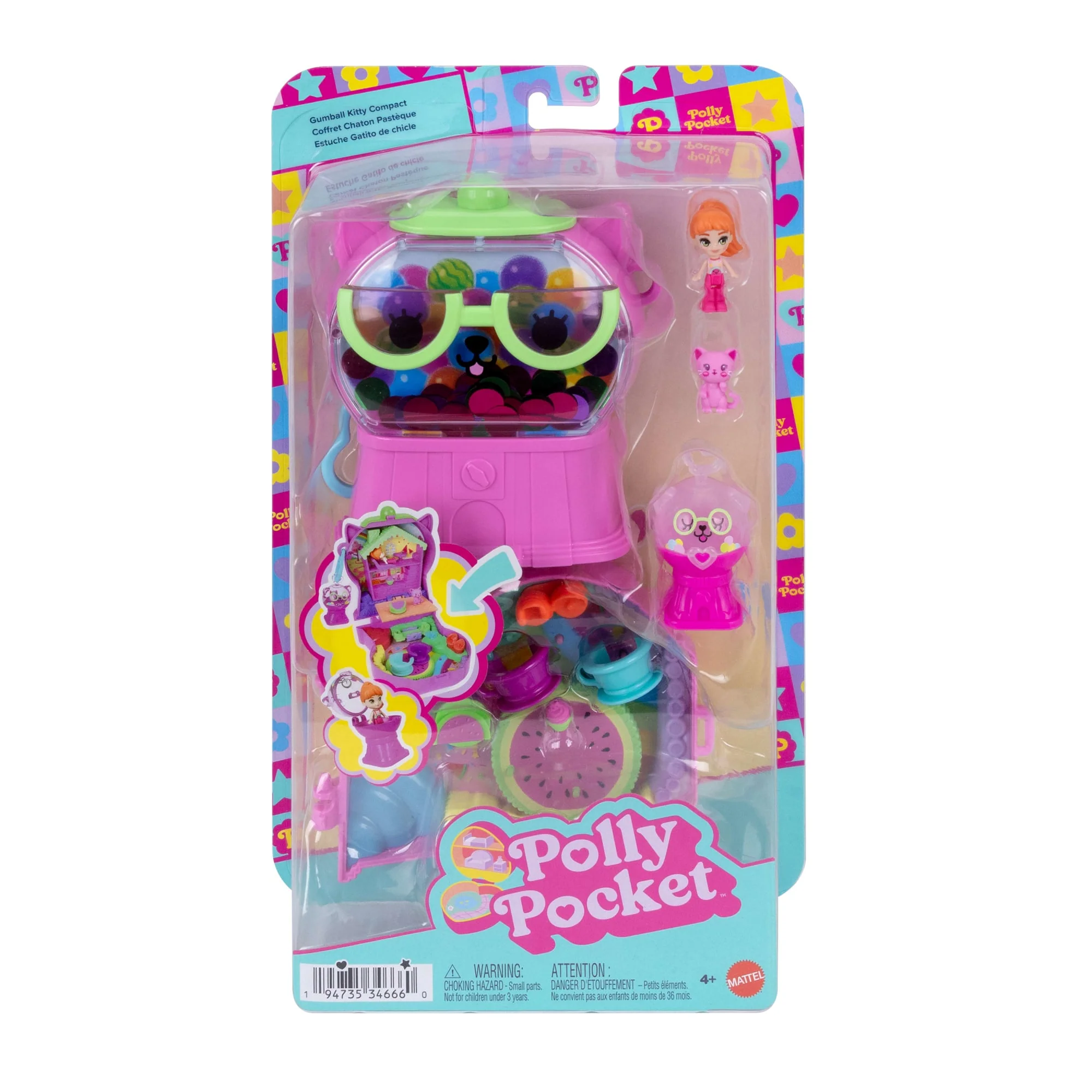 Polly Pocket Kauwgomballen Kitten, Compacte Speelset Met 1 Micropop En Dierenvriendje, Speelgoed Voor Onderweg Met Fruitaccessoires, Wip En Draaimolentje - Image 6