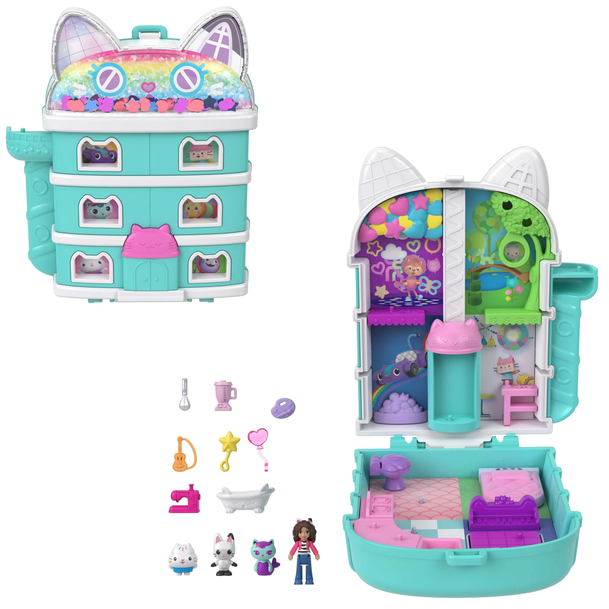Polly Pocket Koci Domek Gabi Zestaw kompaktowy + mikro lalka, 9 akcesoriów, 3 figurki Zabawka 4+