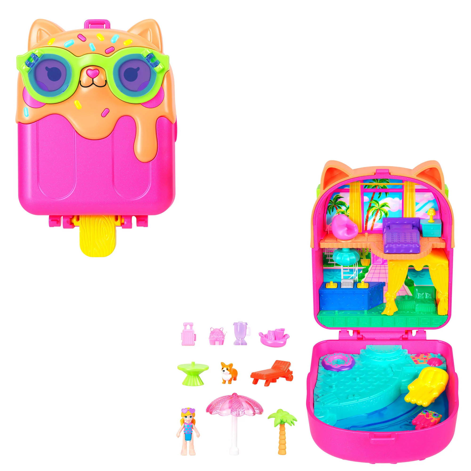 Polly Pocket Kotek Lód na patyku – Hotelik Zestaw kompaktowy, 1 mikro lalka, 1 figurka pieska i akcesoria Zabawka 4+
