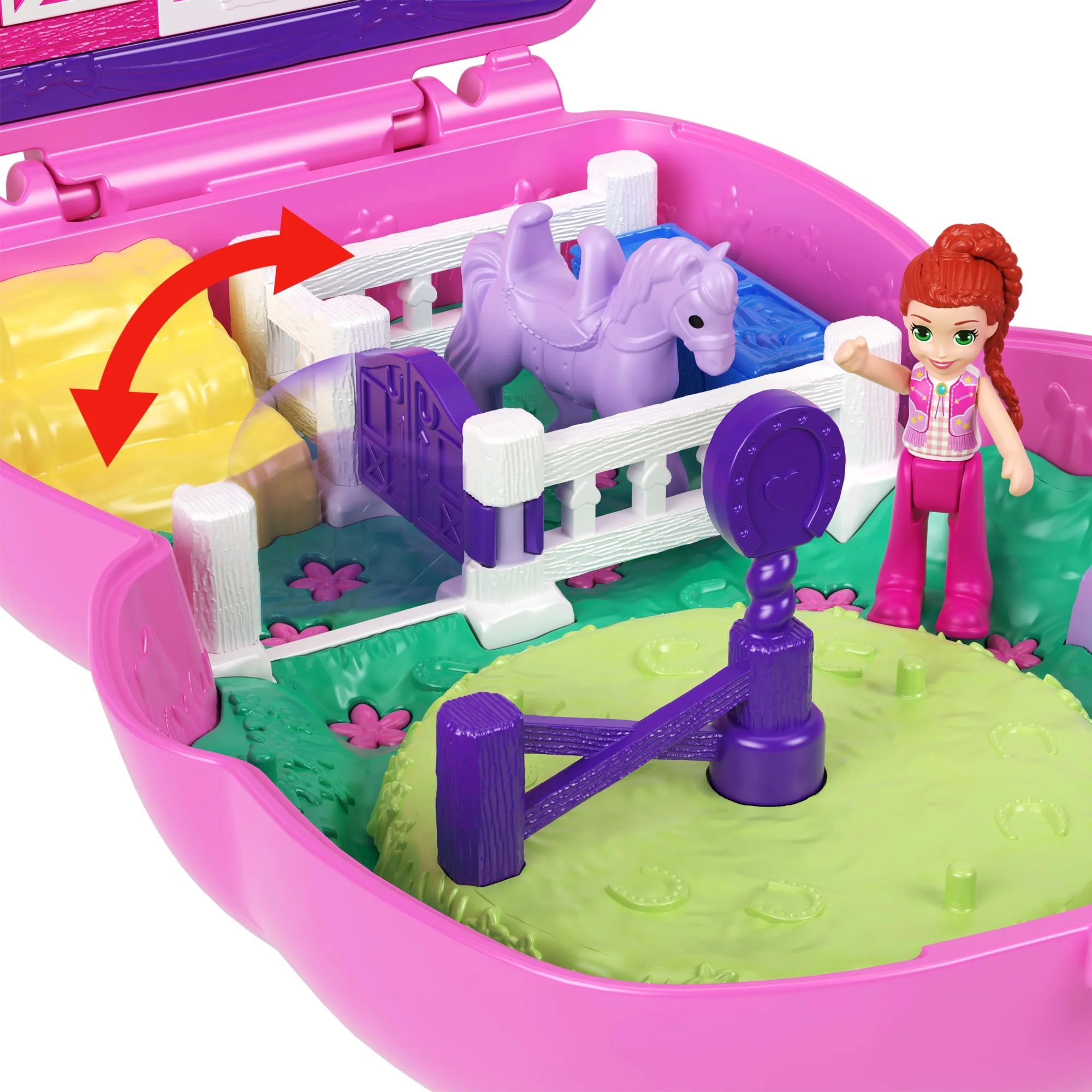 Polly Pocket Kucykowe rodeo Zestaw kompaktowy + 1 mikro lalka, 2 figurki koników i akcesoria Zabawka Kucyk - Image 5
