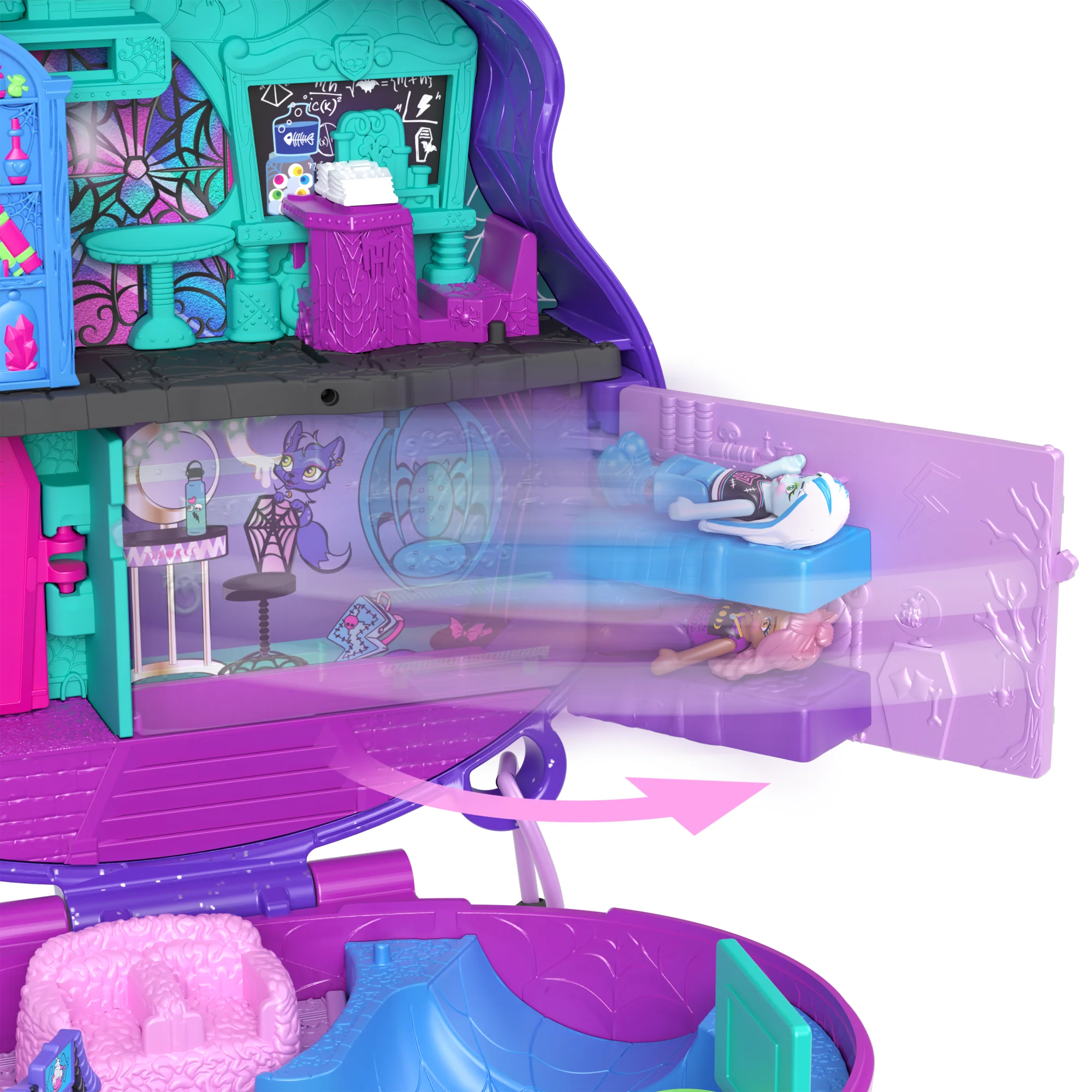 3 Mikro Bebek Ve 10 Aksesuar Bulunan, Açıldığında Liseye Dönüşen Polly Pocket Monster High Kompakt Oyun Seti - Image 2