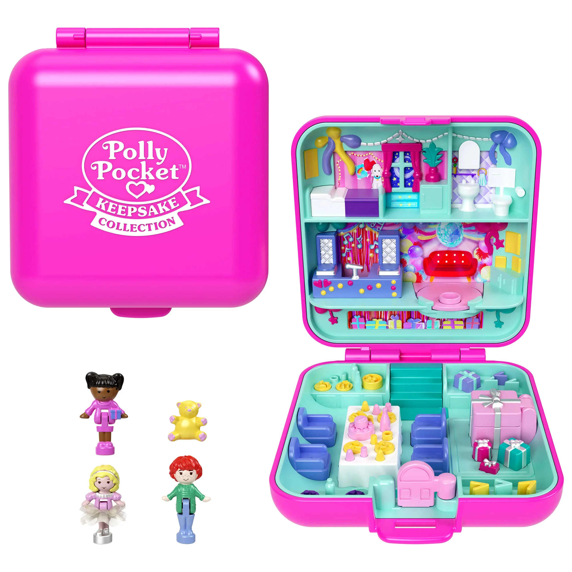 Polly Pocket Puppe Und Spielset, Nostalgie-Schatulle Zum 80. Jubiläum Von Mattel, Puppenhaus Zum Thema Feierspaß, 1 Tier Und Möbel