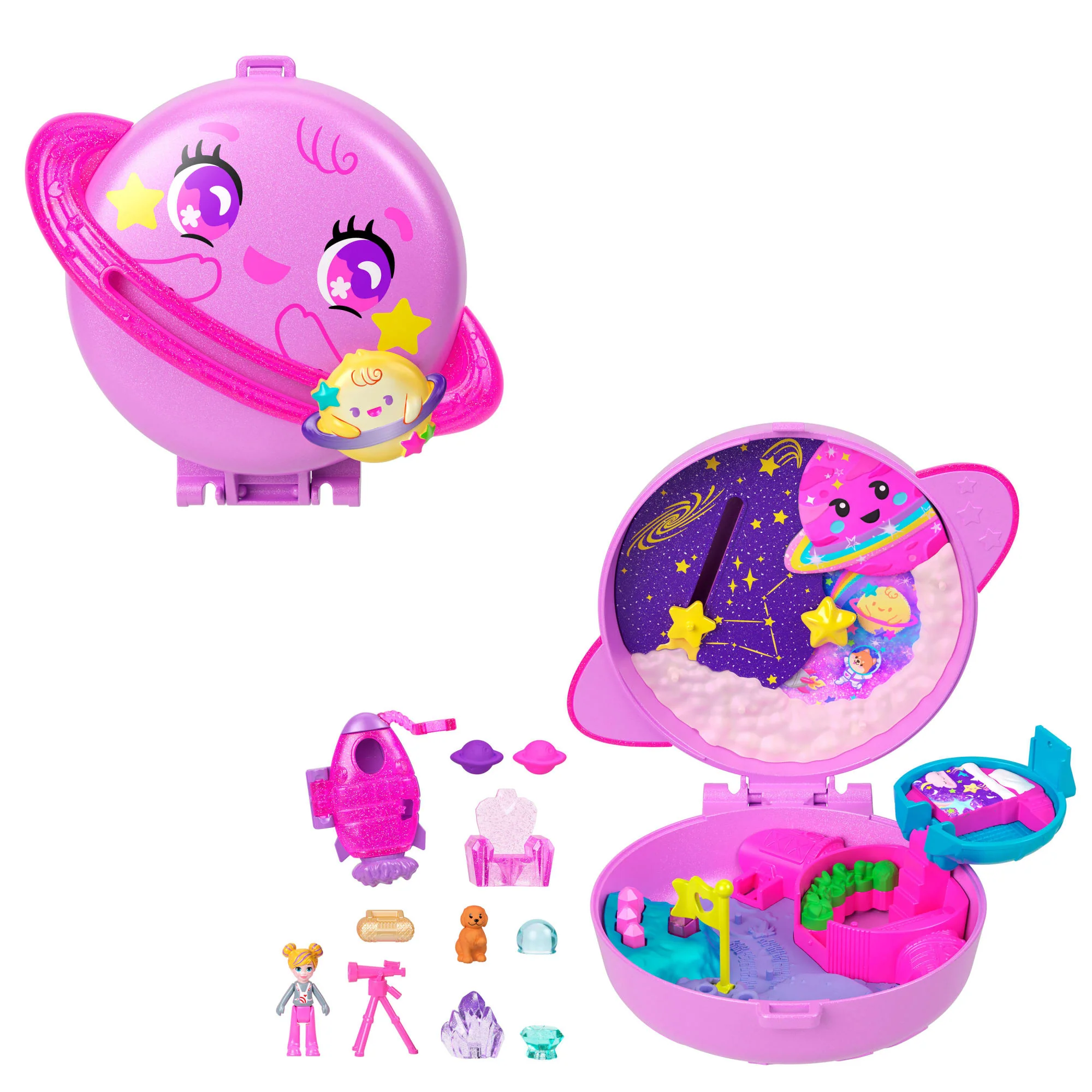 Polly Pocket Planeta Polly – Kosmiczna przygoda Zestaw kompaktowy, 1 mikro lalka, 1 figurka pieska i akcesoria Zabawka 4+