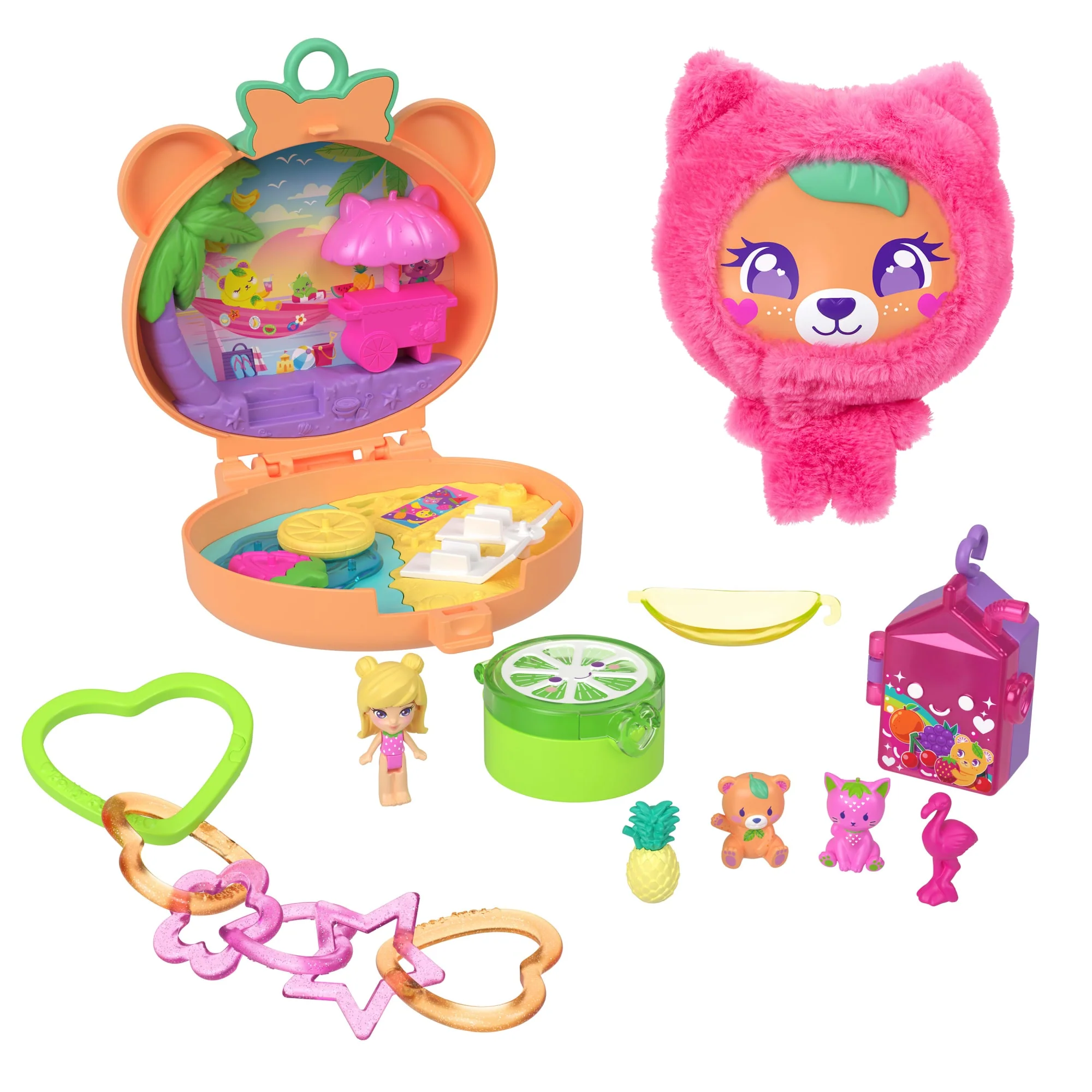 Polly Pocket Plüschbär-Schatulle, Puppen- Und Schlüsselanhänger-Spielset Mit Haustieren Und Obst-Zubehör