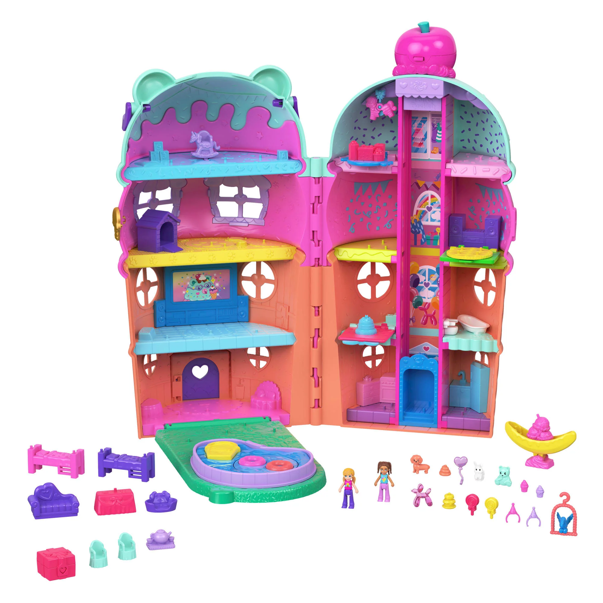 Polly Pocket Puppen Und Spielset, Gelateria-Haus Mit Aufzug, Eiscreme-Thema Mit Über 25 Zubehörteilen Inklusive Möbeln Und Tieren. - Image 5
